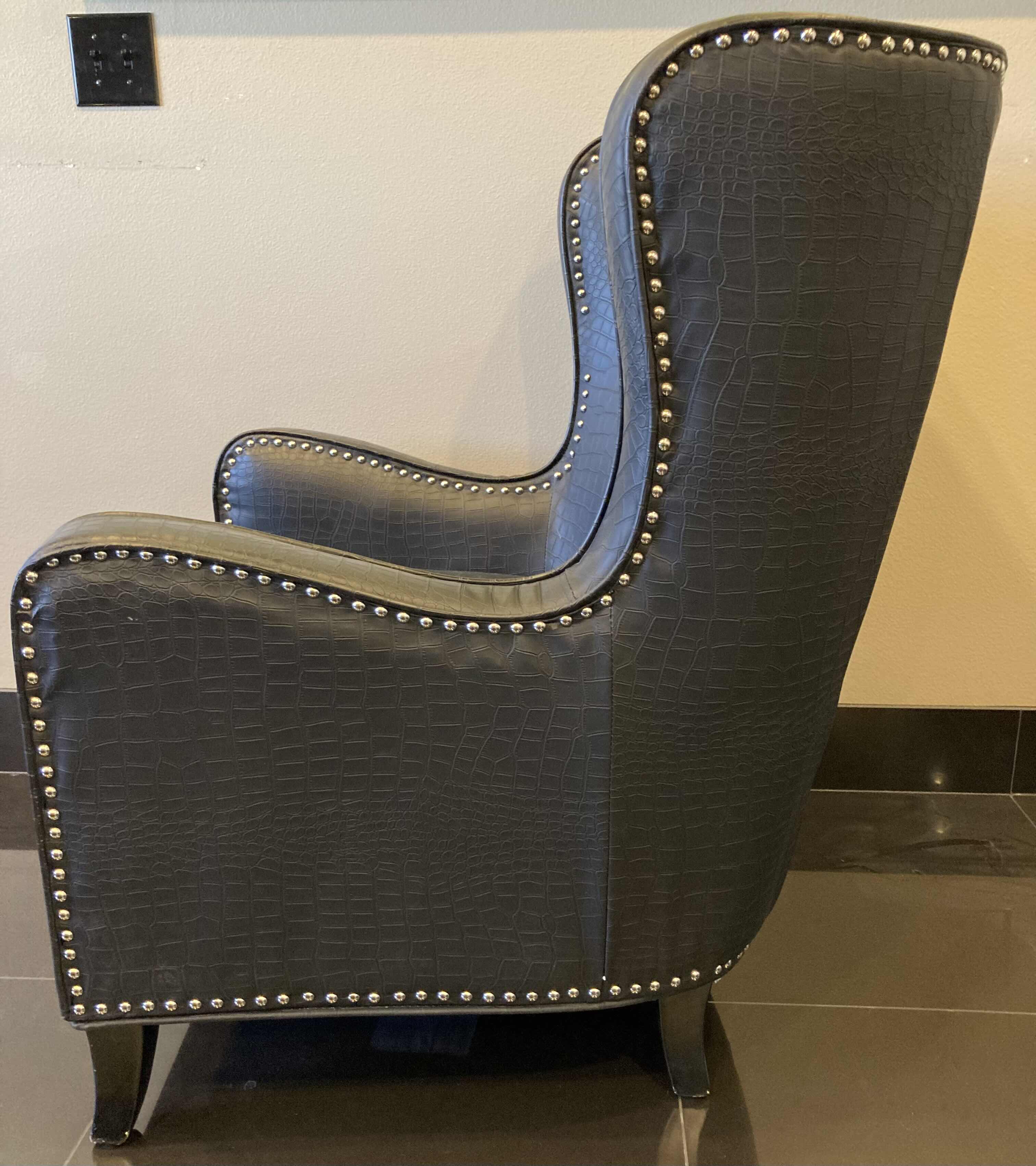 Photo 3 of ANJIAILIDA FURNITURE FACTORY BLACK LEATHER ALLIGATOR FINISH WINGBACK CHAIR 32” X 30” H40”