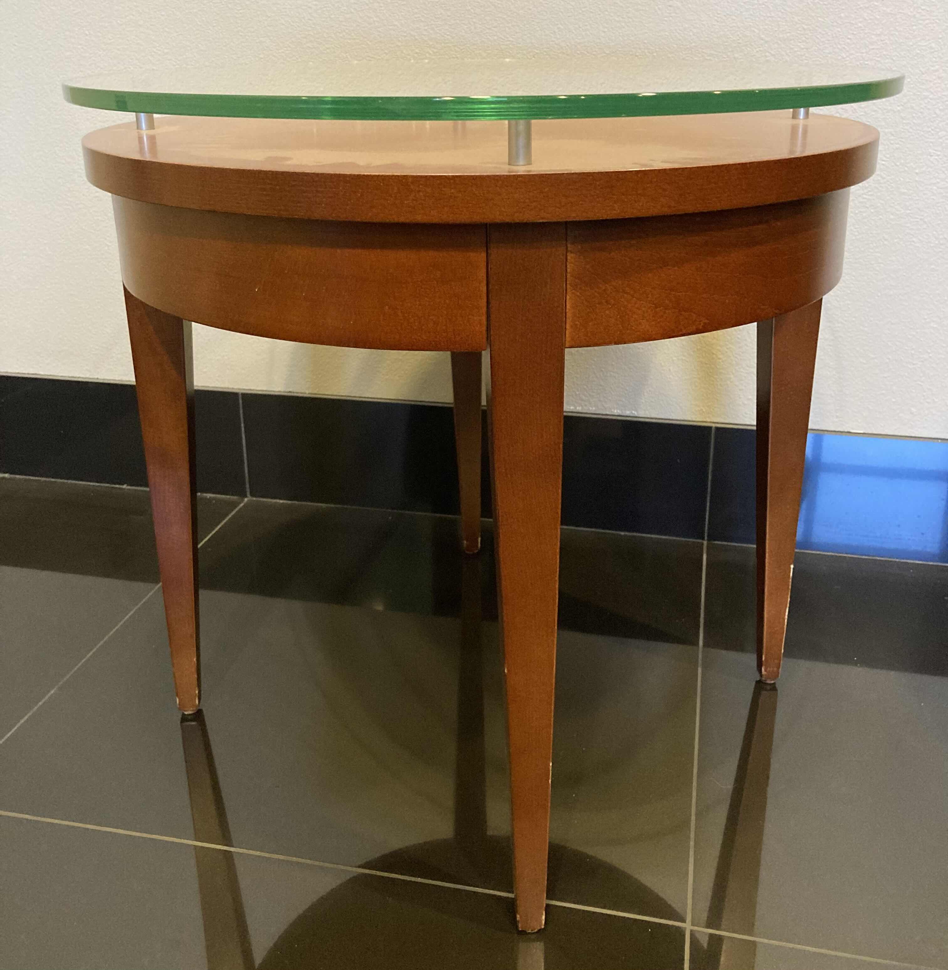 Photo 1 of RAISED GLASS TOP CHERRY FINISH WOOD ACCENT TABLE 24” X H22”