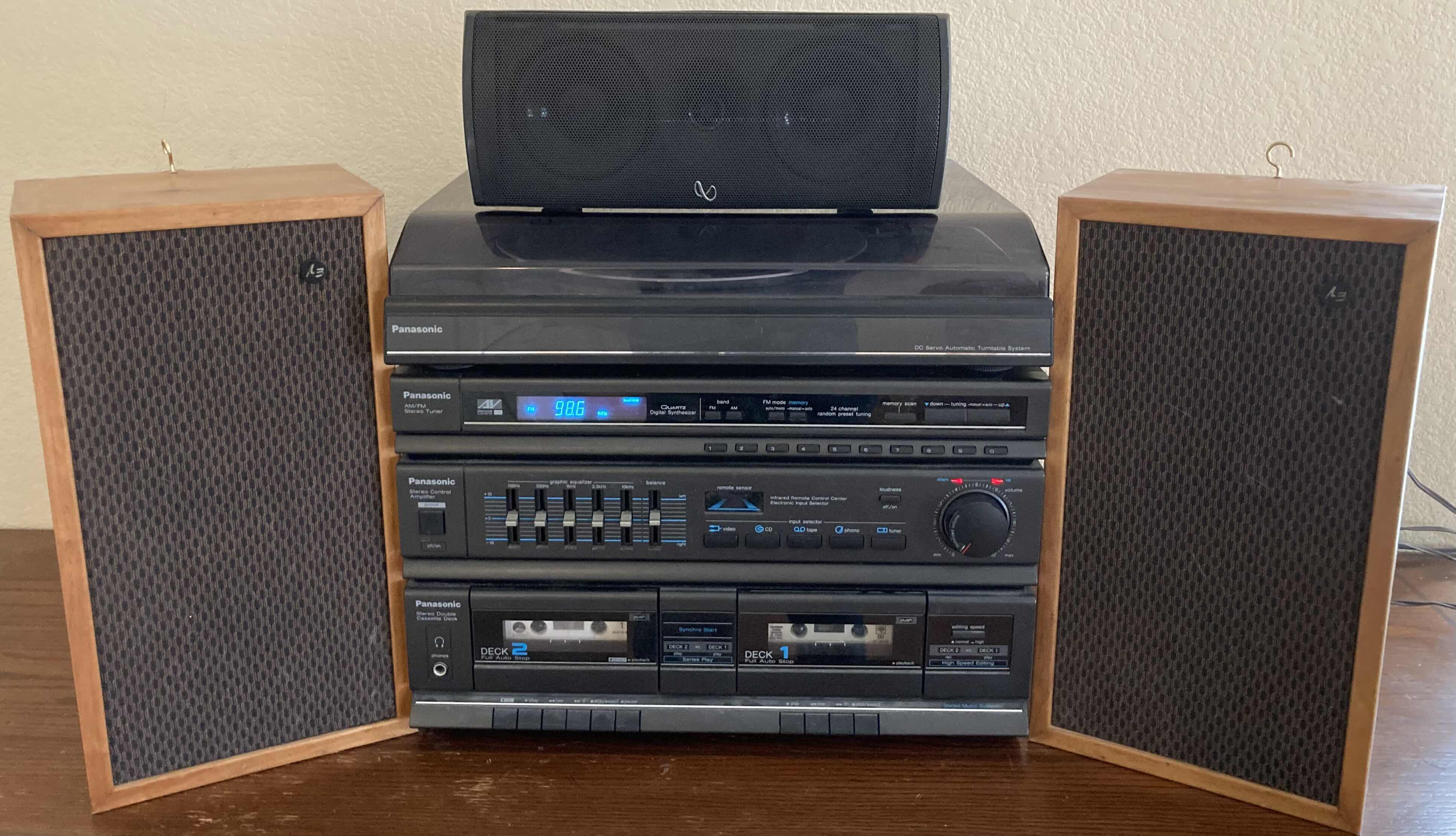 Photo 1 of PANASONIC DC SERVO TURNTABLE, STERO TURNER, CONTROL AMPLIFIER, DOUBLE CASSETTE DECK STERO SYSTEM W A3 SPEAKERS (2) & INFINITY CENTER CHANNEL