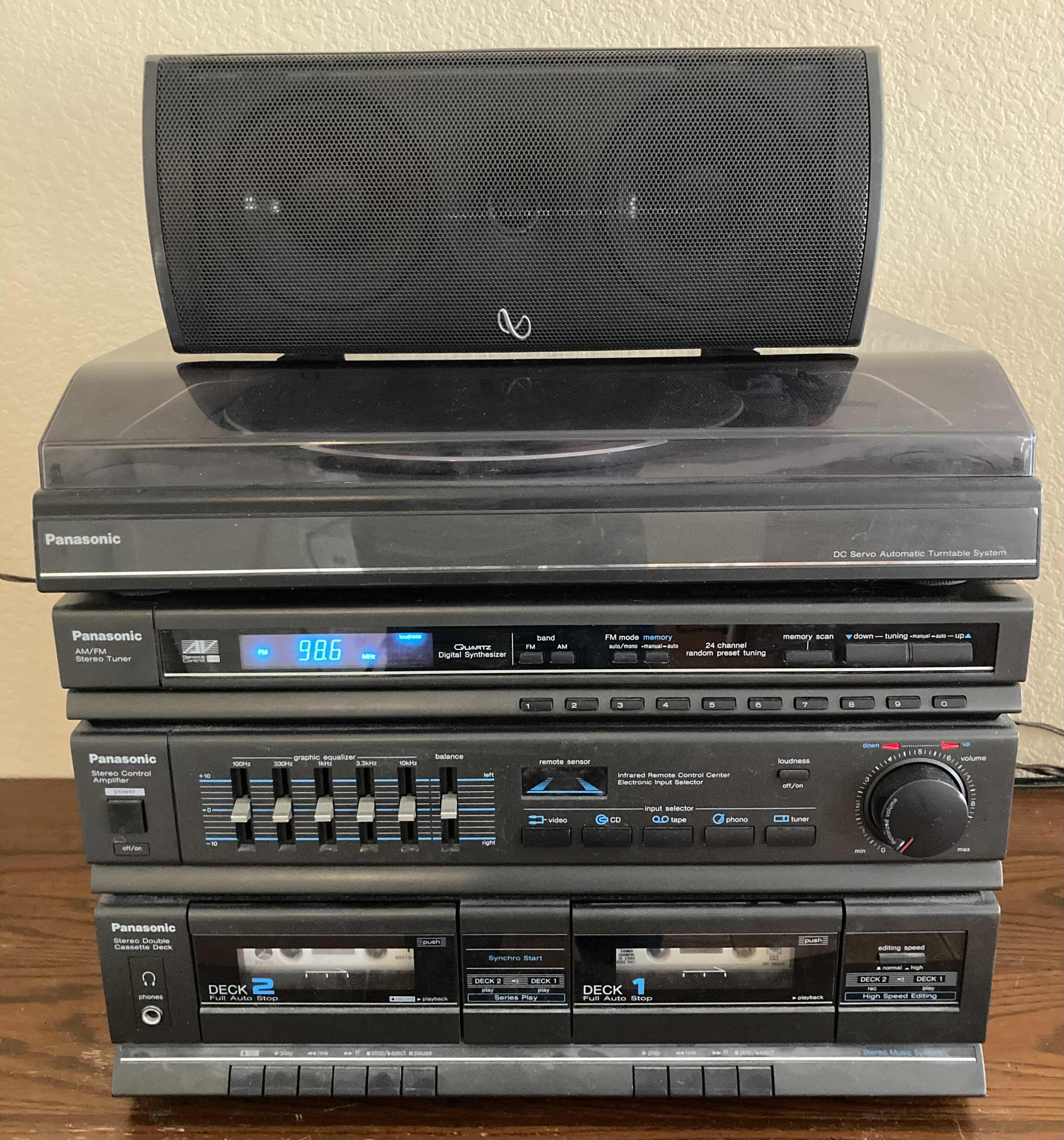 Photo 2 of PANASONIC DC SERVO TURNTABLE, STERO TURNER, CONTROL AMPLIFIER, DOUBLE CASSETTE DECK STERO SYSTEM W A3 SPEAKERS (2) & INFINITY CENTER CHANNEL