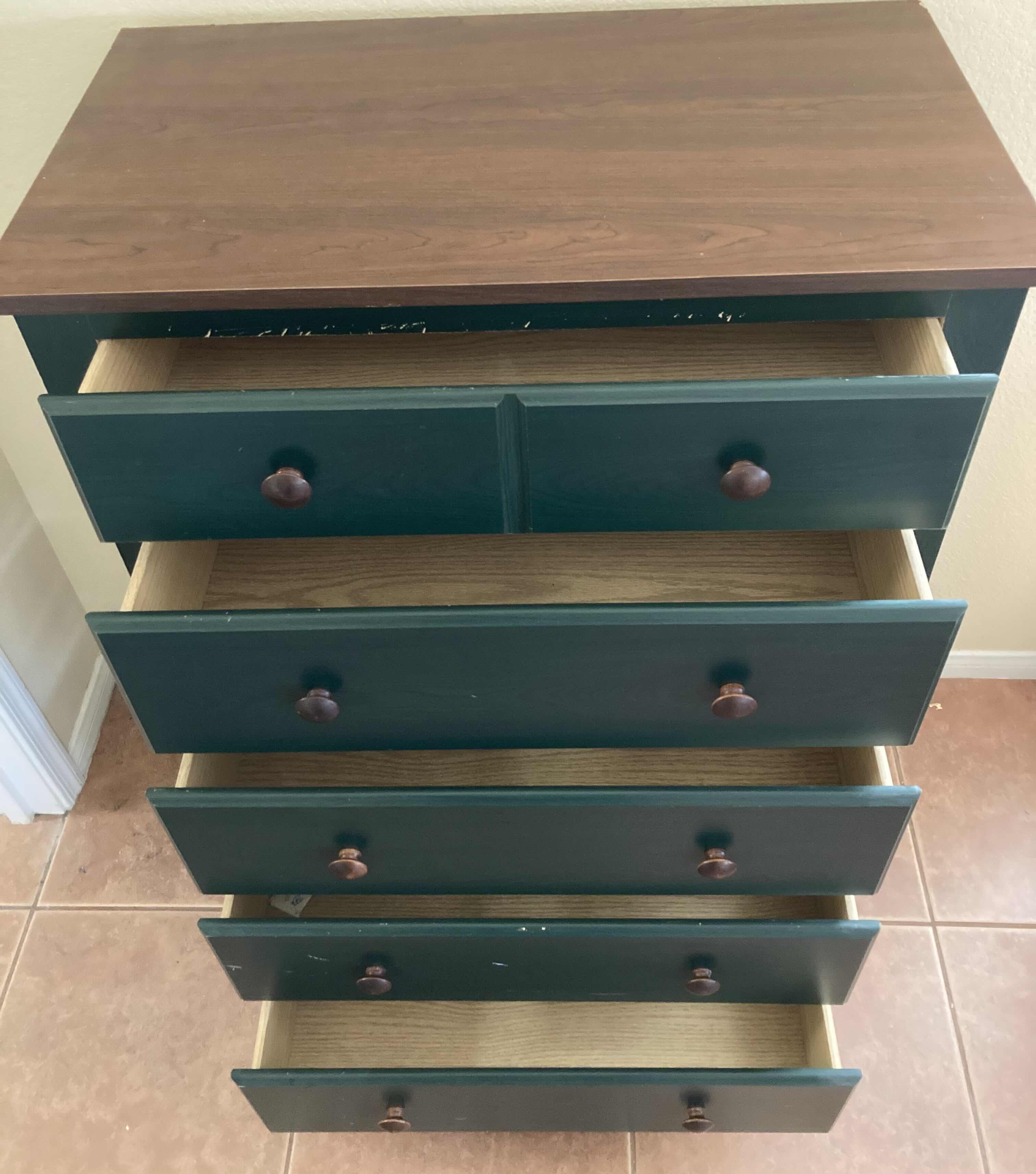 Photo 5 of PERDUE FURNITURE GREEN & WOOD FINISH 5 DRAWER WOOD CHEST DRESSER 32” X 18” H47.25”