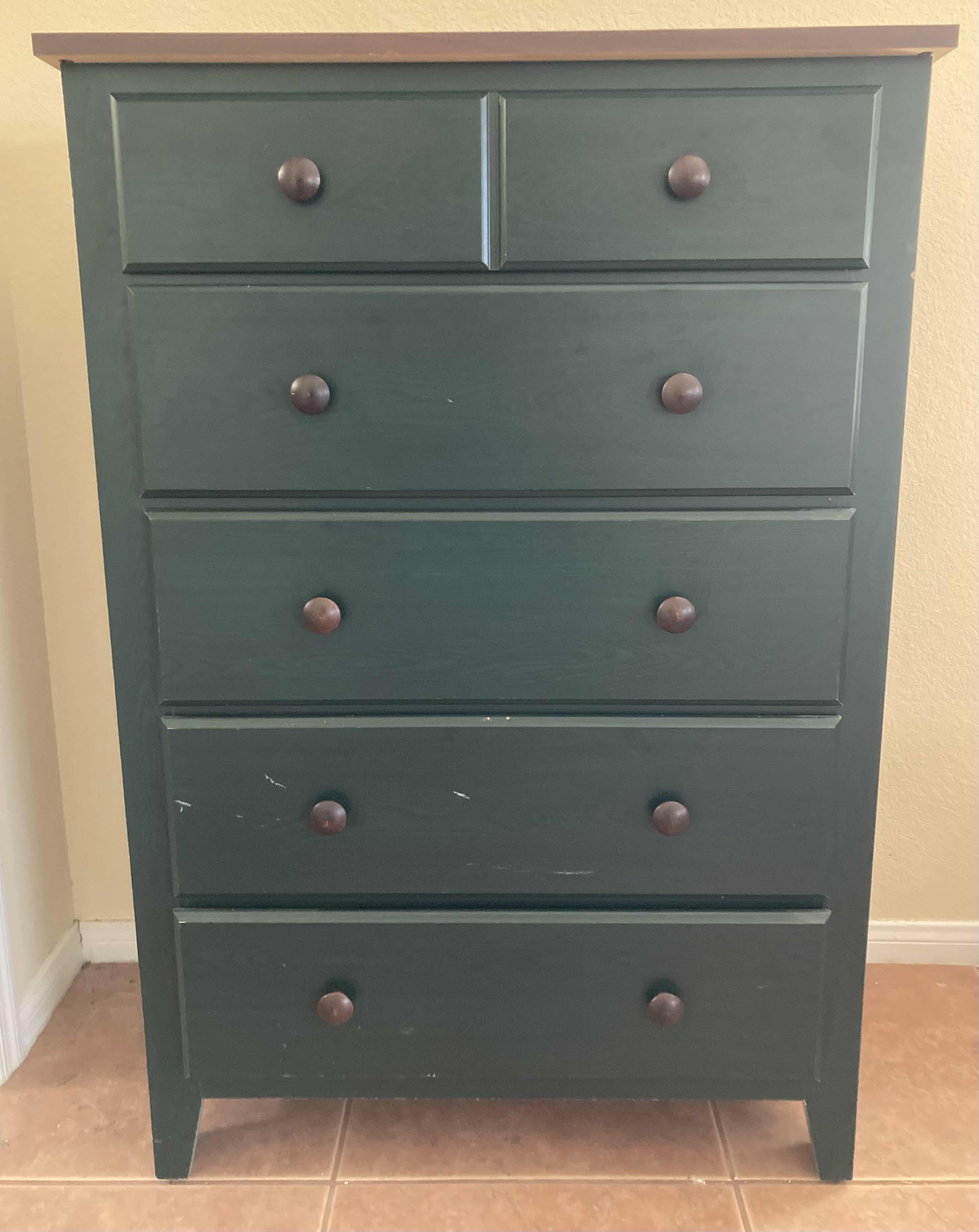 Photo 1 of PERDUE FURNITURE GREEN & WOOD FINISH 5 DRAWER WOOD CHEST DRESSER 32” X 18” H47.25”