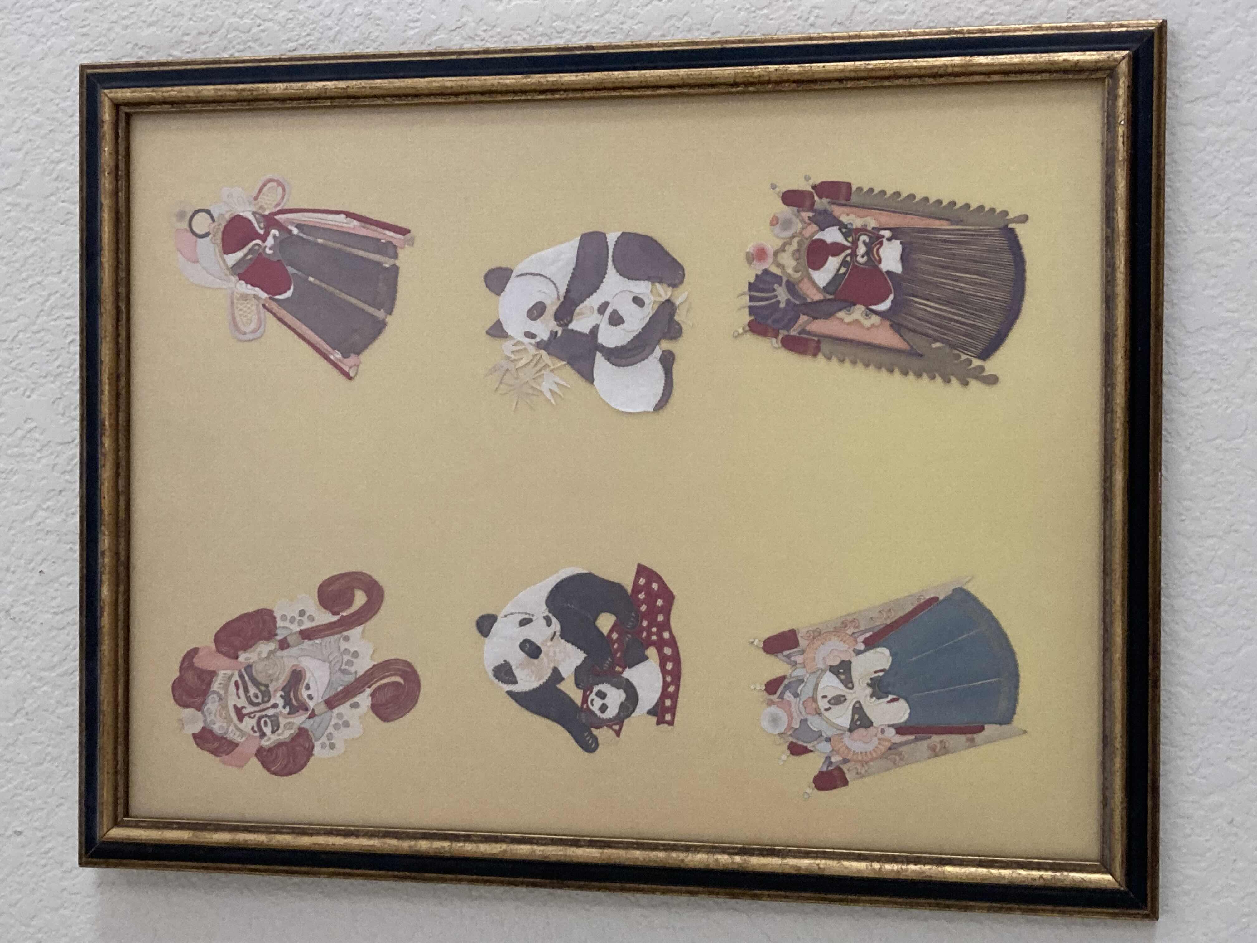 Photo 1 of PANDAS & CHINESE GODS FRAMED PAPER ARTWORK 13.25” X 17.25”