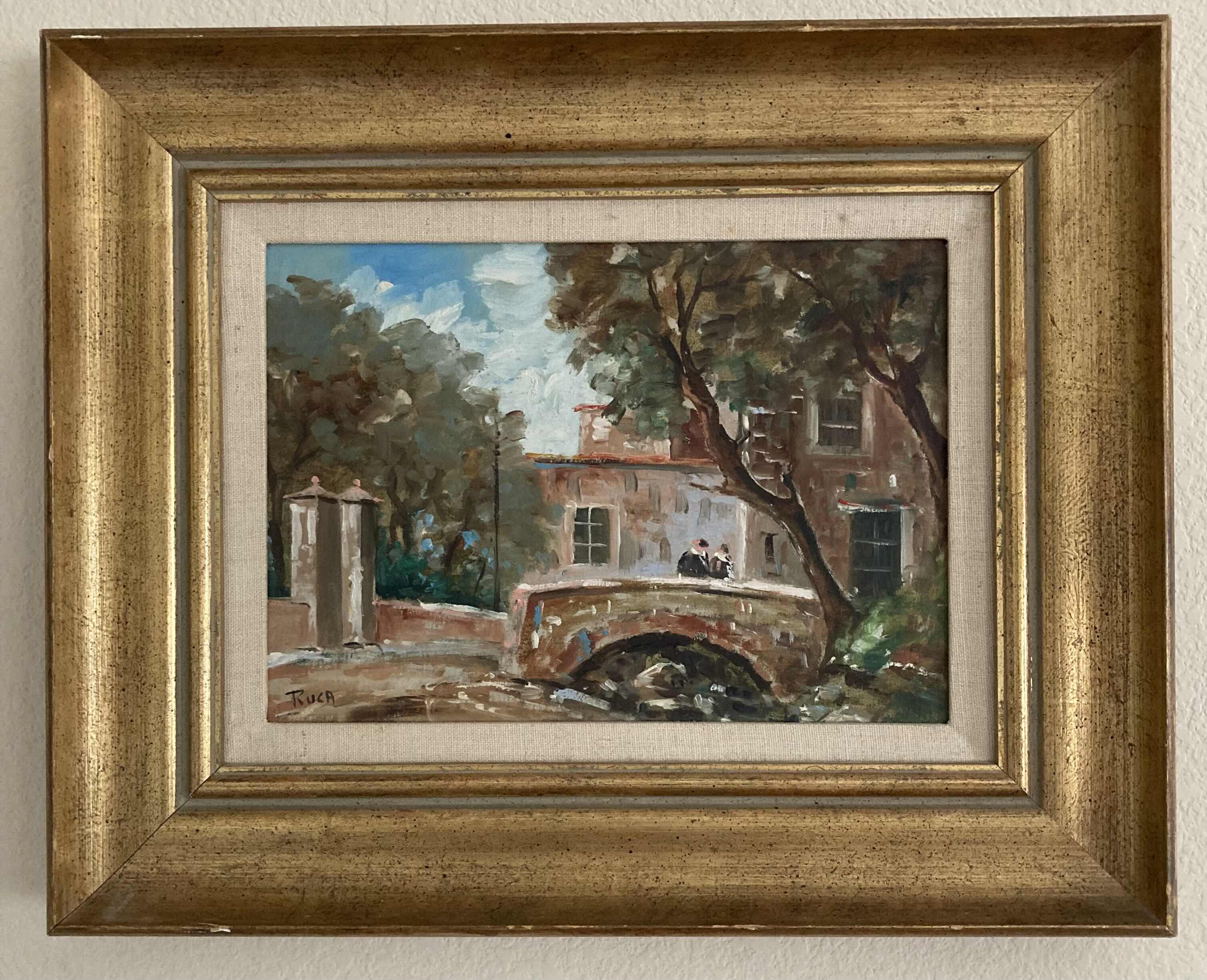 Photo 1 of EARLY CENTURY TOWN OIL PAINTING FRAMED CANVAS ARTWORK SIGNED BY RUCA 21.25” X 17”