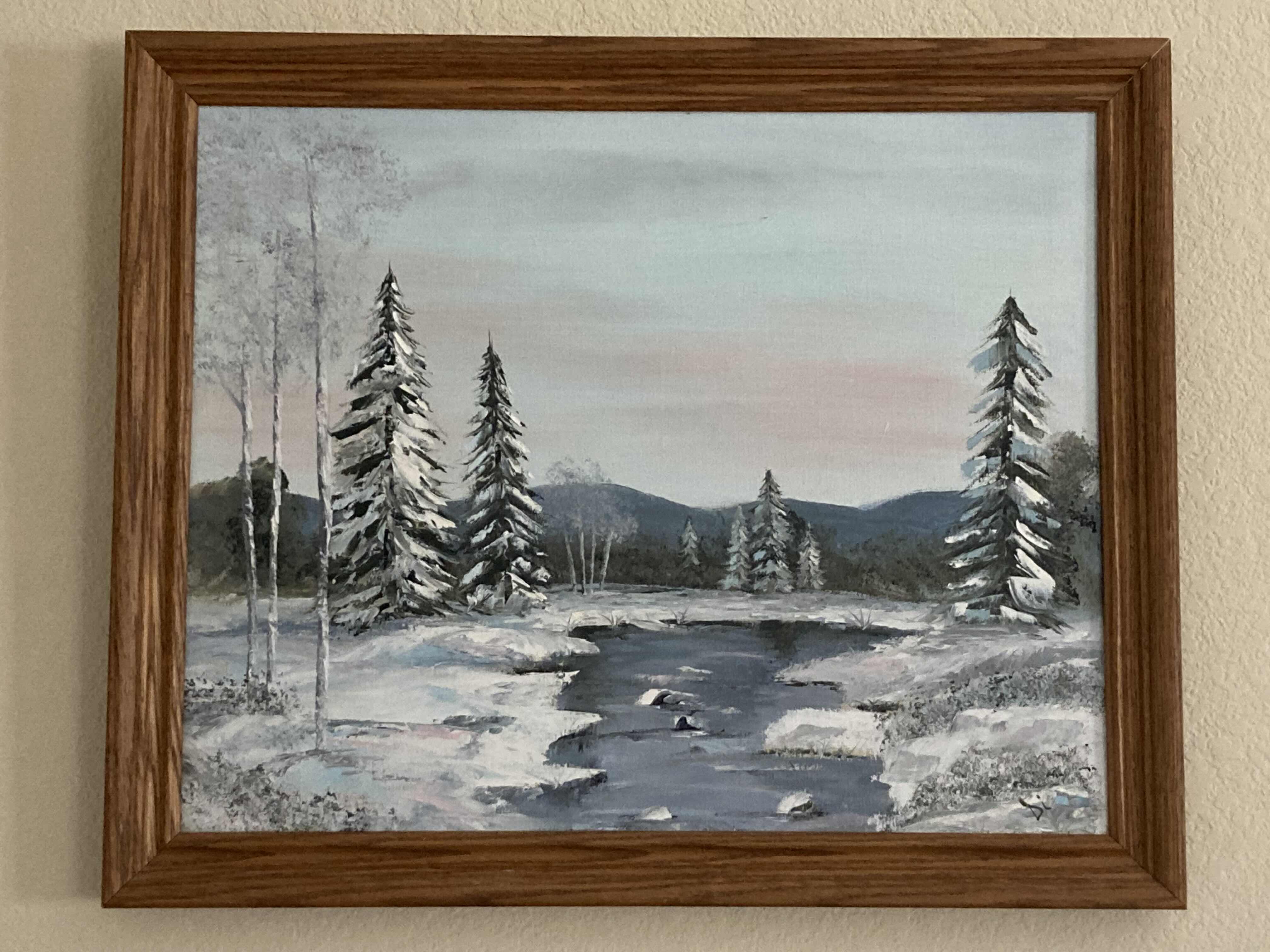Photo 1 of SNOWY FOREST PAINTED FRAMED CANVAS ARTWORK SIGNED BY ARTIST 22.5” X 18.5”