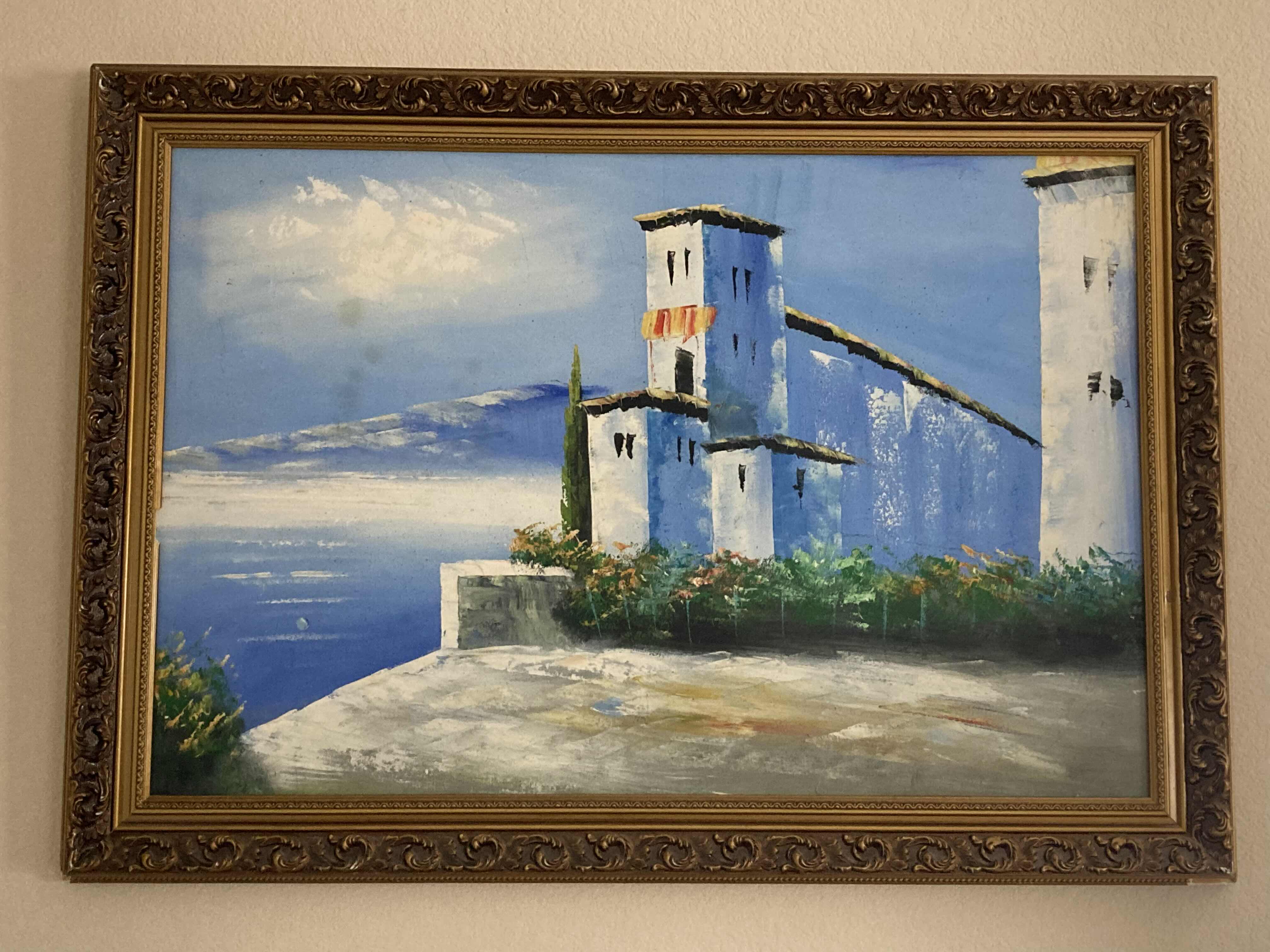 Photo 1 of VILLA ON THE COAST FRAMED CANVAS OIL PAINTING ARTWORK 41” X 29”