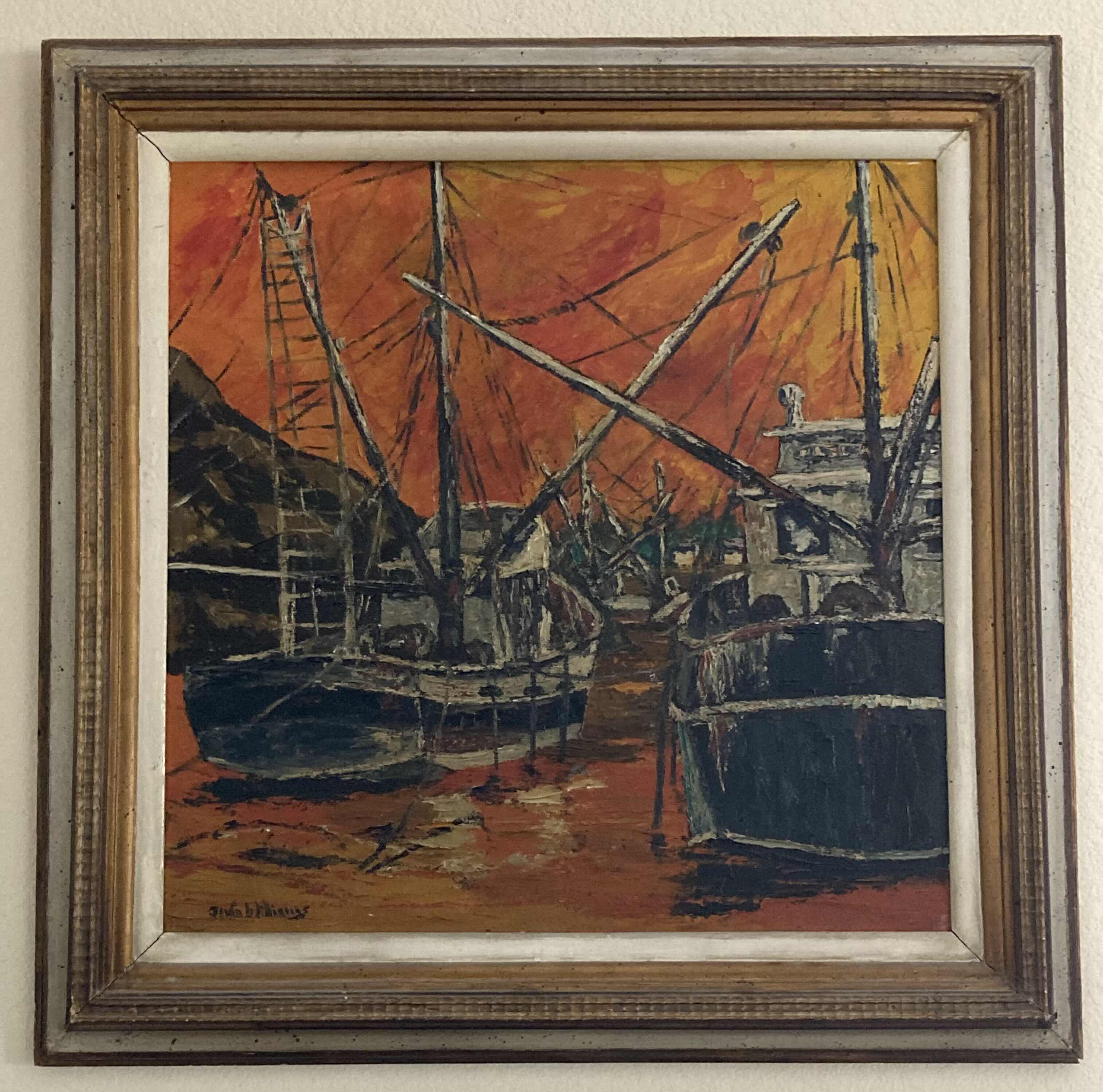 Photo 1 of OLD WORLD SHIPYARD FRAMED CANVAS OIL PAINTING SIGNED BY ARTIST 31.5” X 31.5”