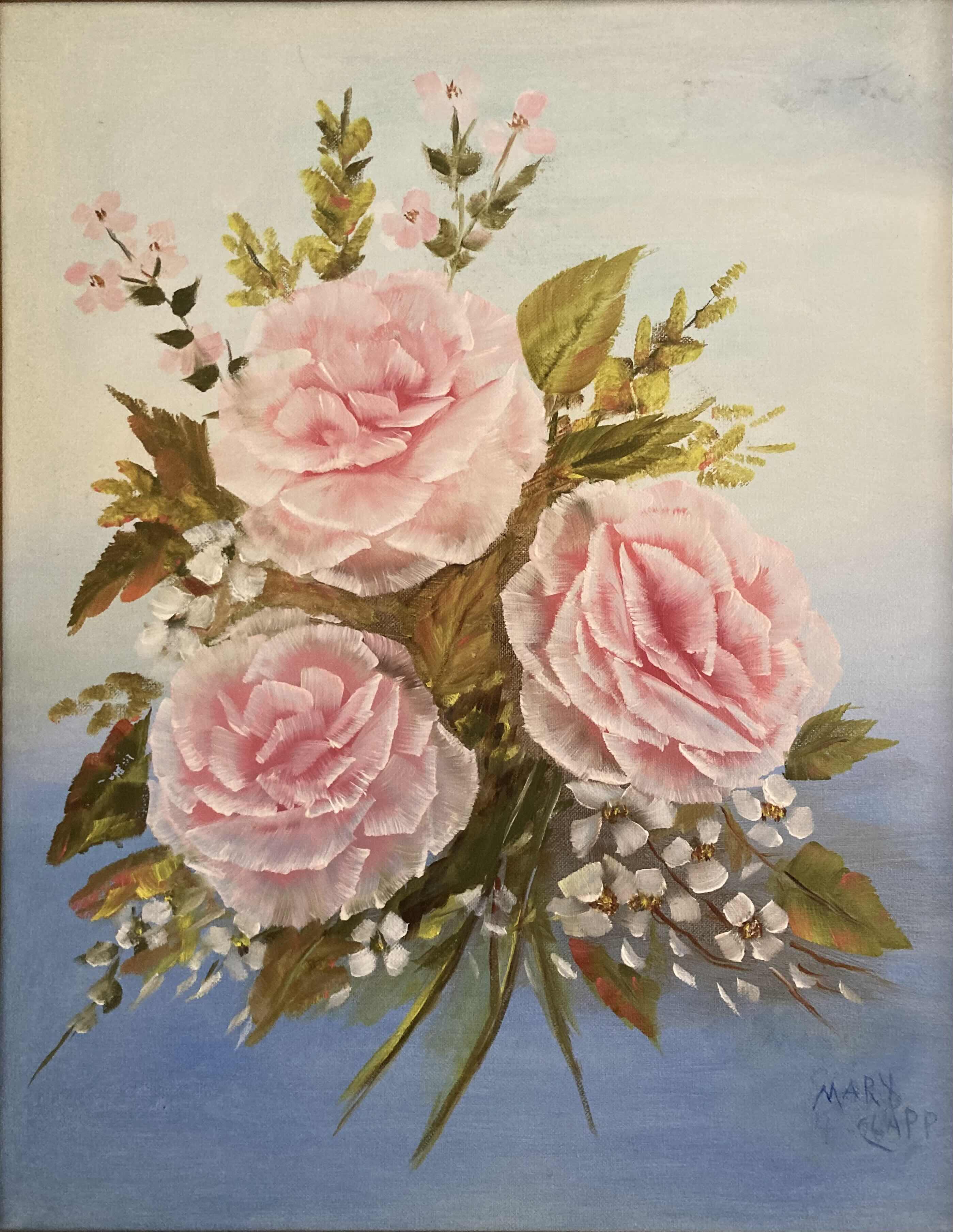 Photo 1 of PINK ROSES FRAMED OIL PAINTING CANVAS ARTWORK SIGNED BY MARY CLAPP 23” X 27”