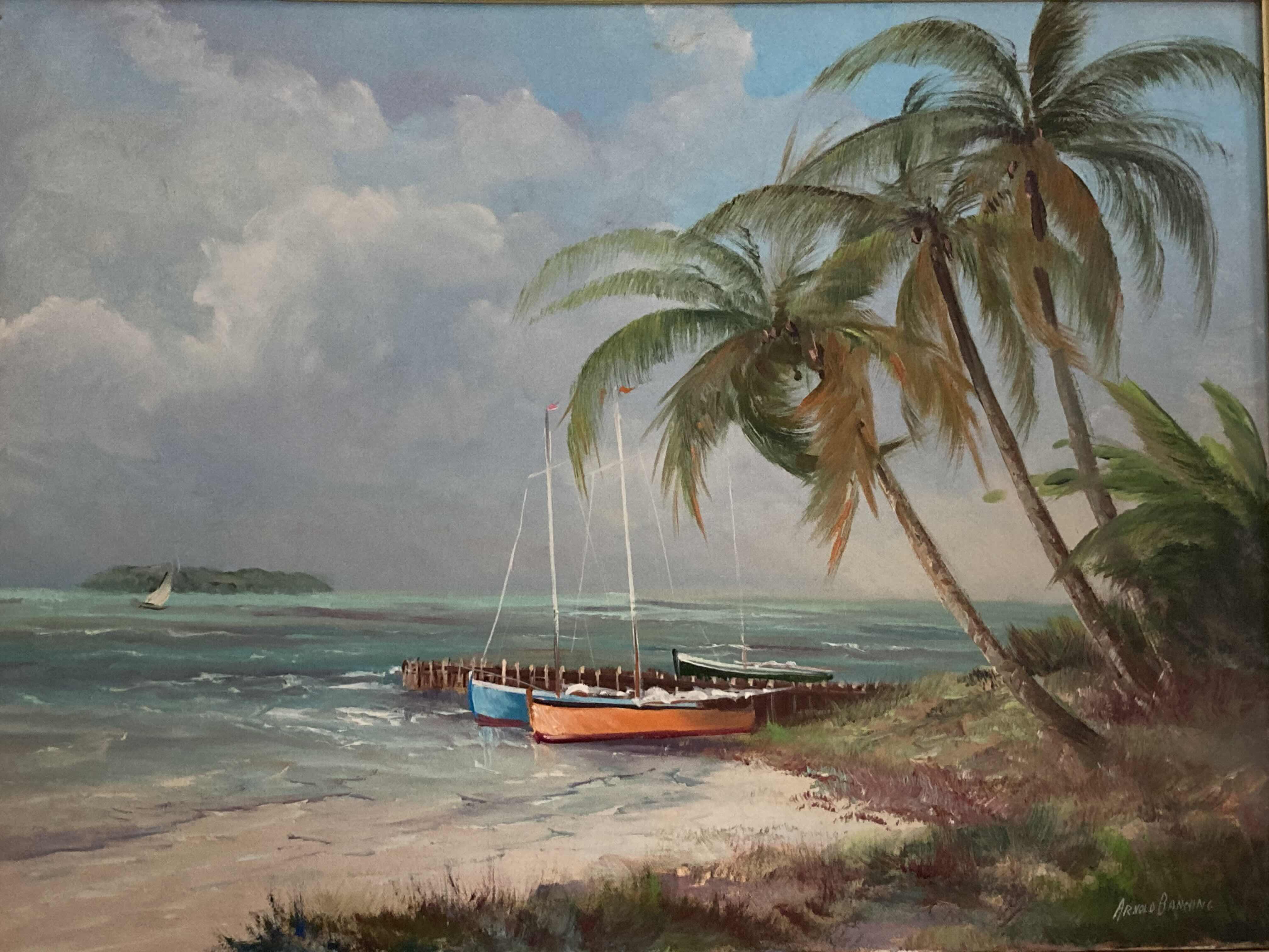 Photo 2 of ALONG THE FLORIDA KEYS FRAMED CANVAS OIL PAINTING SIGNED BY ARNOLD BANNING W BAMBOO STYLE FRAME & COA 27.5” X 21.5”