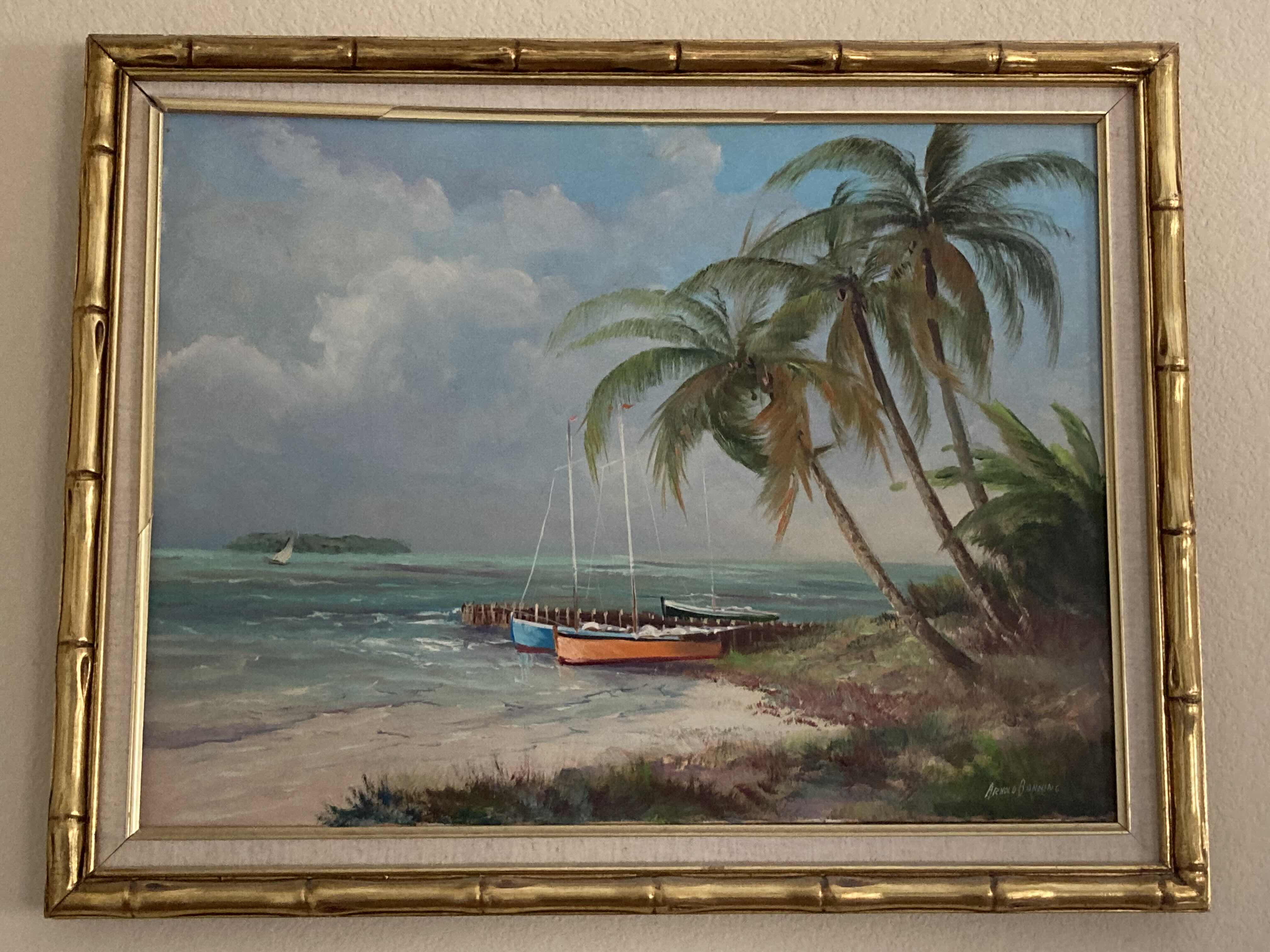 Photo 1 of ALONG THE FLORIDA KEYS FRAMED CANVAS OIL PAINTING SIGNED BY ARNOLD BANNING W BAMBOO STYLE FRAME & COA 27.5” X 21.5”