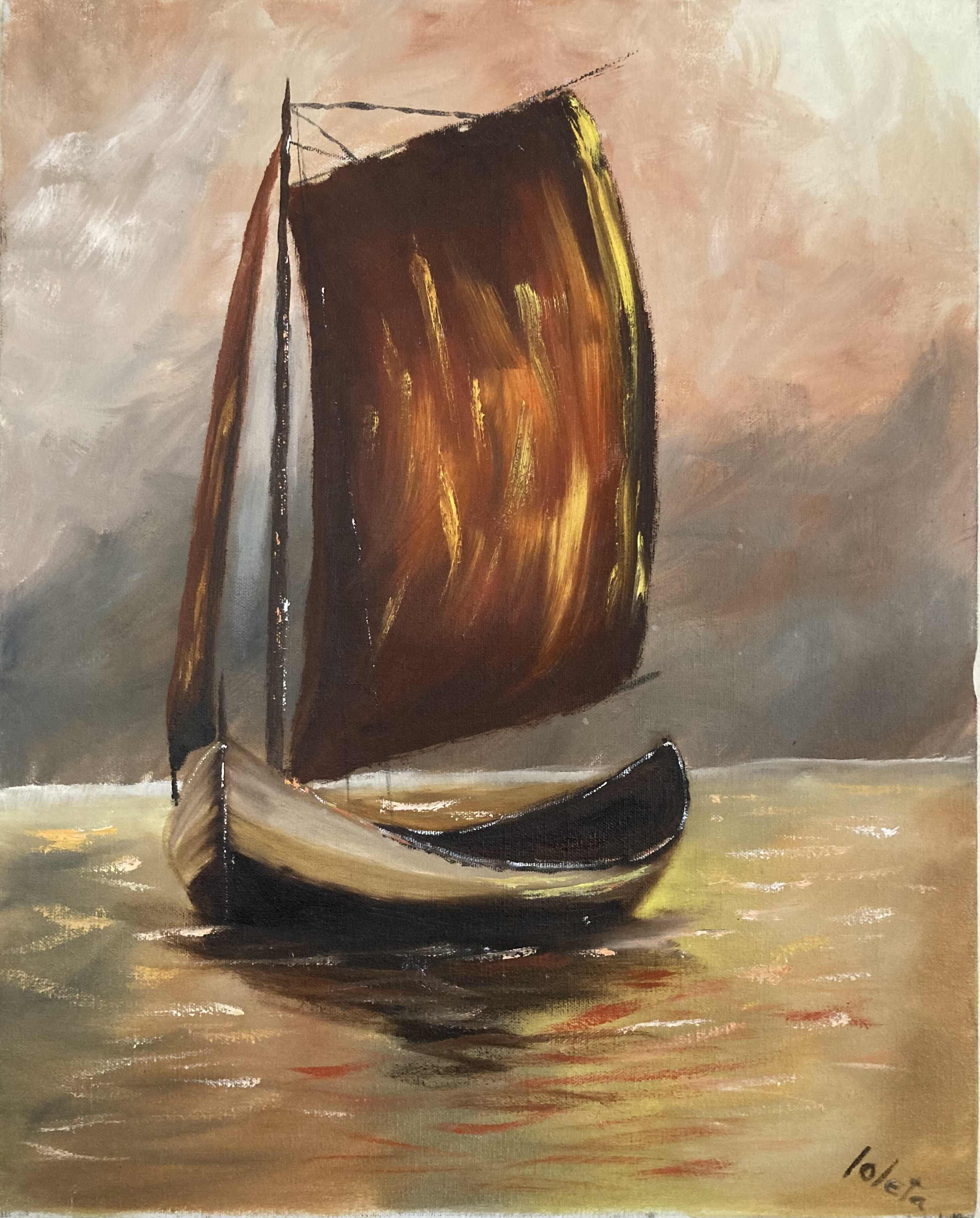 Photo 2 of SAIL BOAT AT SUNRISE OIL PAINTING CANVAS ARTWORK SIGNED BY LOLETA 16” X 20”