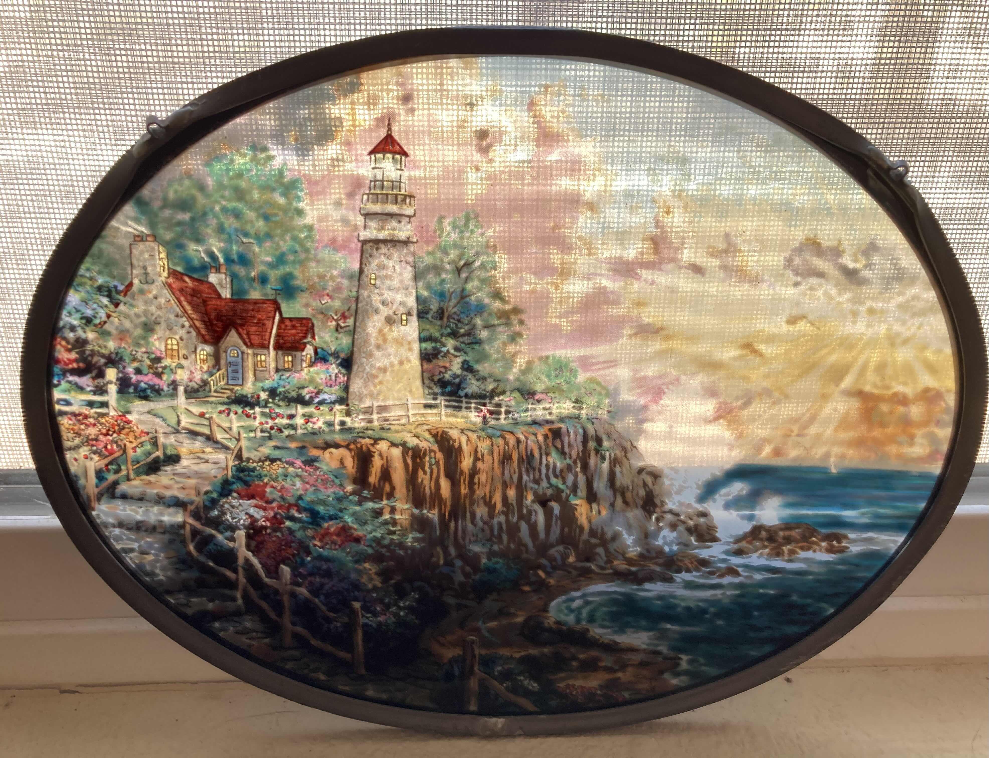 Photo 2 of CLIFF SIDE LIGHTHOUSE DOUBLE SIDED WINDOW PANE ARTWORK 9.5” X 7.25”