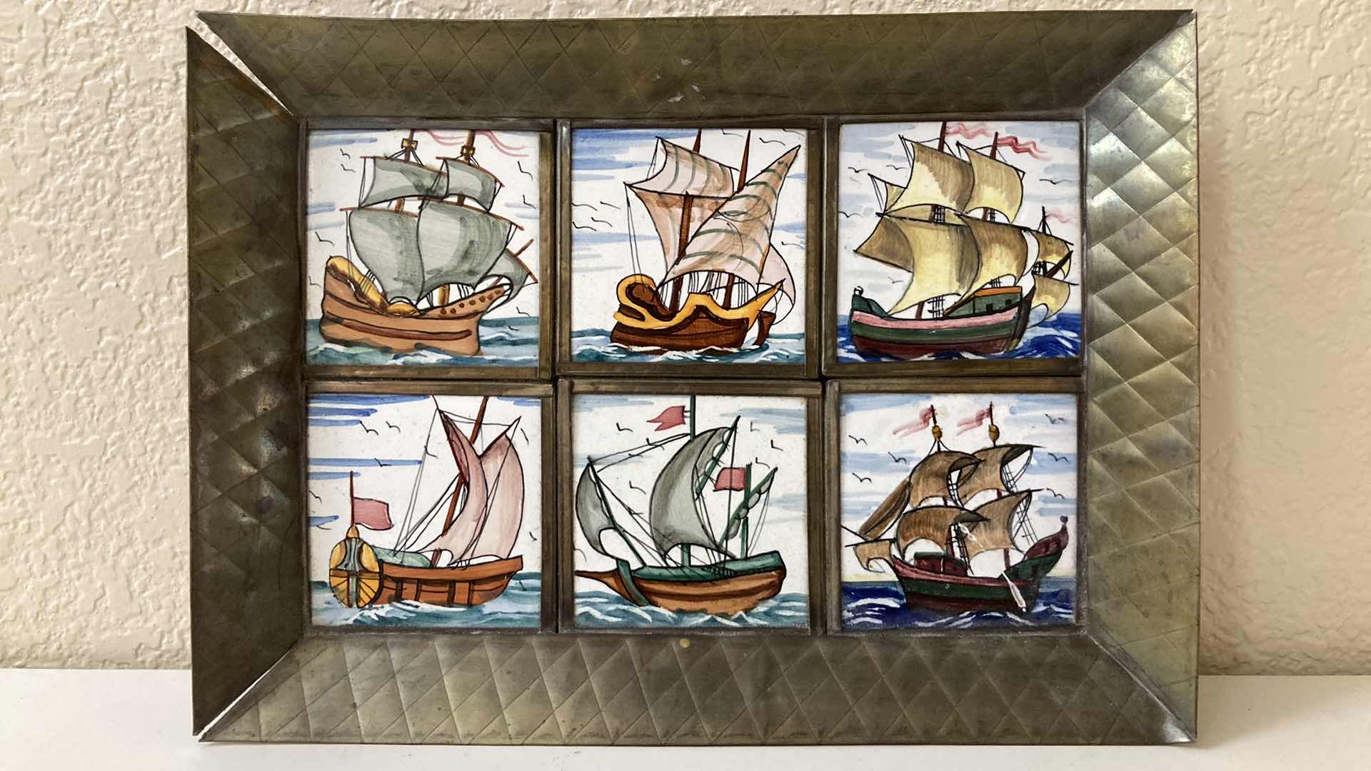 Photo 1 of ANTIQUE OLD WORLD SHIPS PAINTED TILE METAL FRAMED TRAY 10.5” X 7.5” H1”