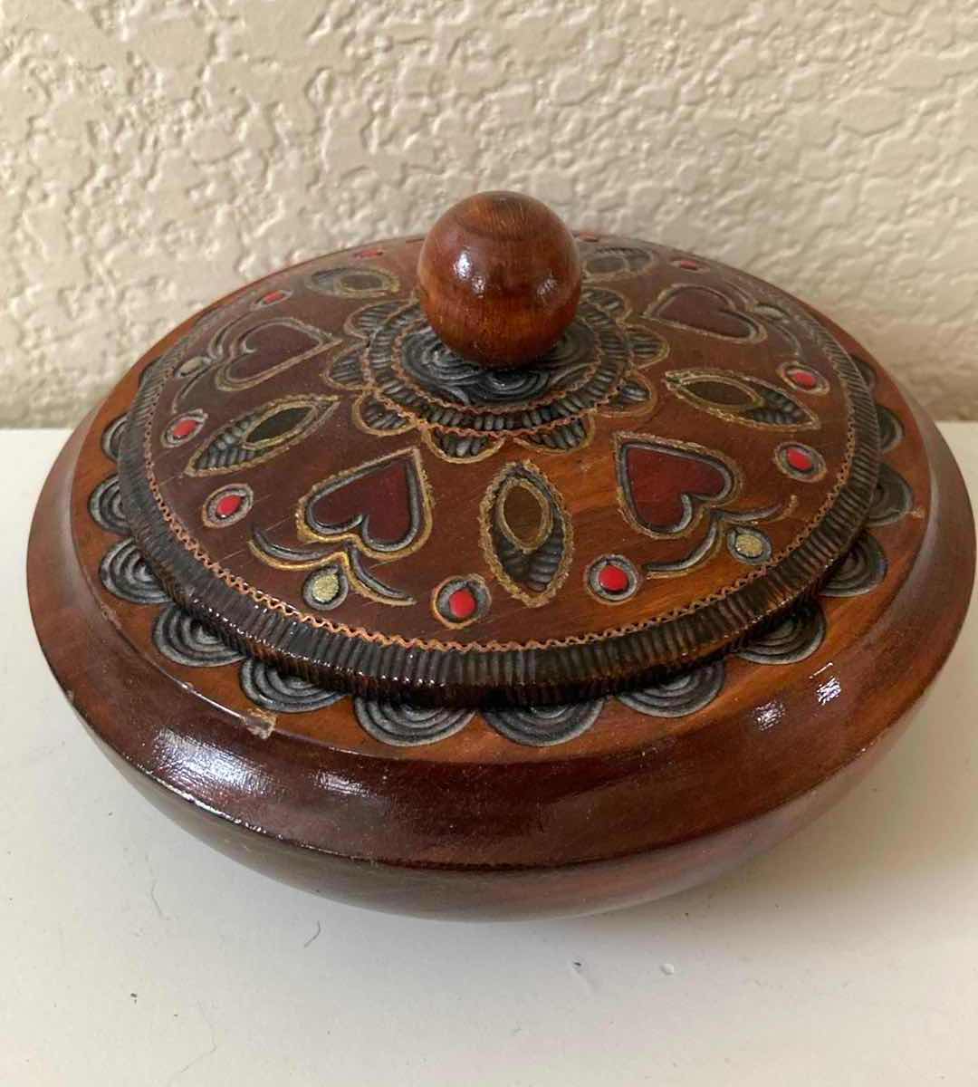 Photo 1 of HAND CARVED WOOD DECORATIVE JAR FROM POLAND 5.5” X 3.5”