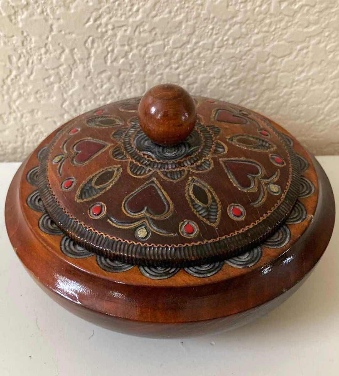 Photo 2 of HAND CARVED WOOD DECORATIVE JAR FROM POLAND 5.5” X 3.5”