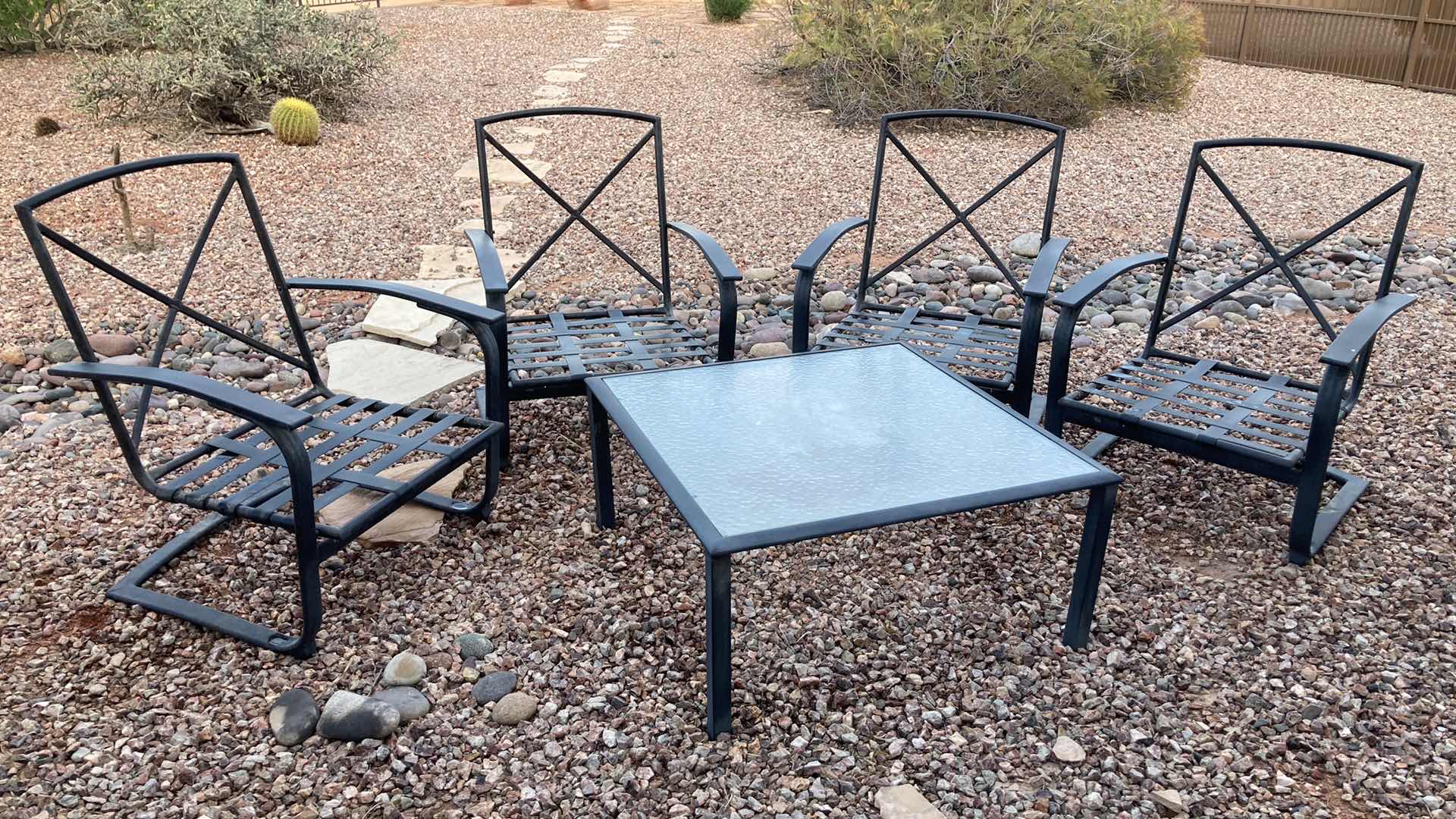 Photo 1 of OUTDOOR AGED ACCENTED BRONZE FINISH PATIO SET- SQUARE BEVELED TEMPERED GLASS TOP TABLE 36” X 36” H17” W 4 CHAIRS 28.25” X 28” H36”