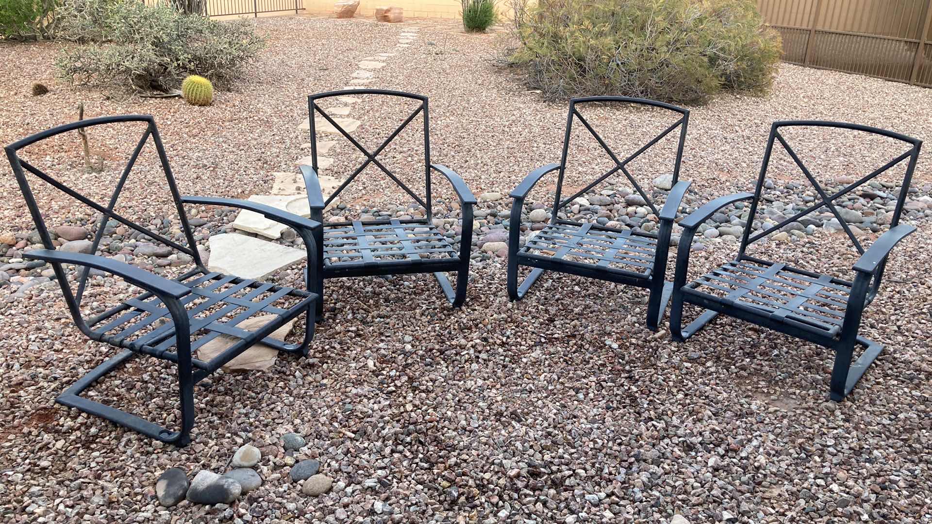 Photo 5 of OUTDOOR AGED ACCENTED BRONZE FINISH PATIO SET- SQUARE BEVELED TEMPERED GLASS TOP TABLE 36” X 36” H17” W 4 CHAIRS 28.25” X 28” H36”