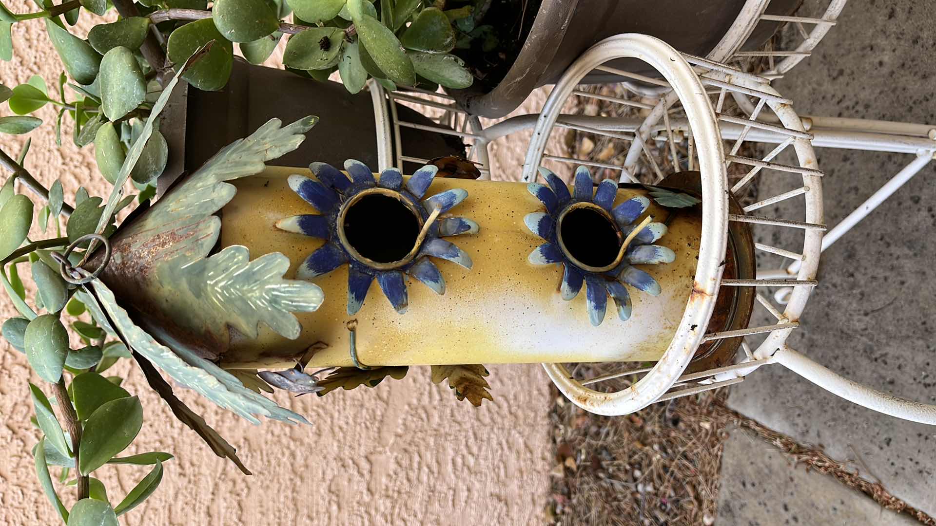 Photo 5 of WHITE METAL FINISH 3 TIER PLANTER STAND W REAL PLANTS & TIN BIRD HOUSE 20” X 18 H24”