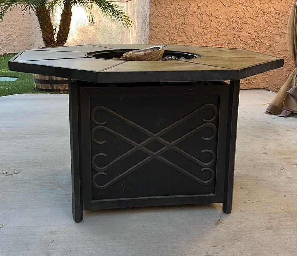 Photo 2 of FOREMOST VERANDA CLASSICS HARMONY OCTAGON TILED PROPANE GAS FIRE PIT MODEL 545GFP W BLUE RHINO 15LB PROPANE TANK 48” X 48” H26” (READ NOTES)