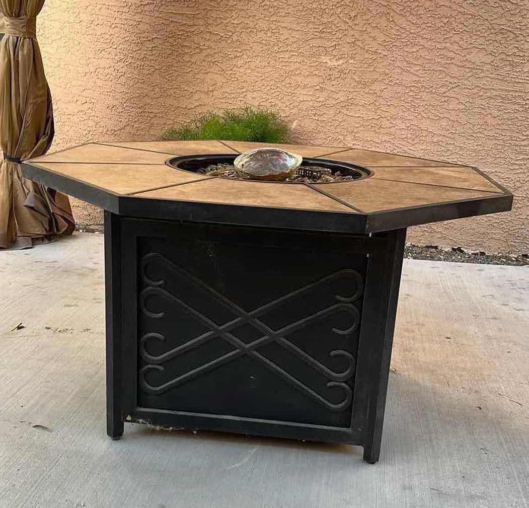 Photo 3 of FOREMOST VERANDA CLASSICS HARMONY OCTAGON TILED PROPANE GAS FIRE PIT MODEL 545GFP W BLUE RHINO 15LB PROPANE TANK 48” X 48” H26” (READ NOTES)