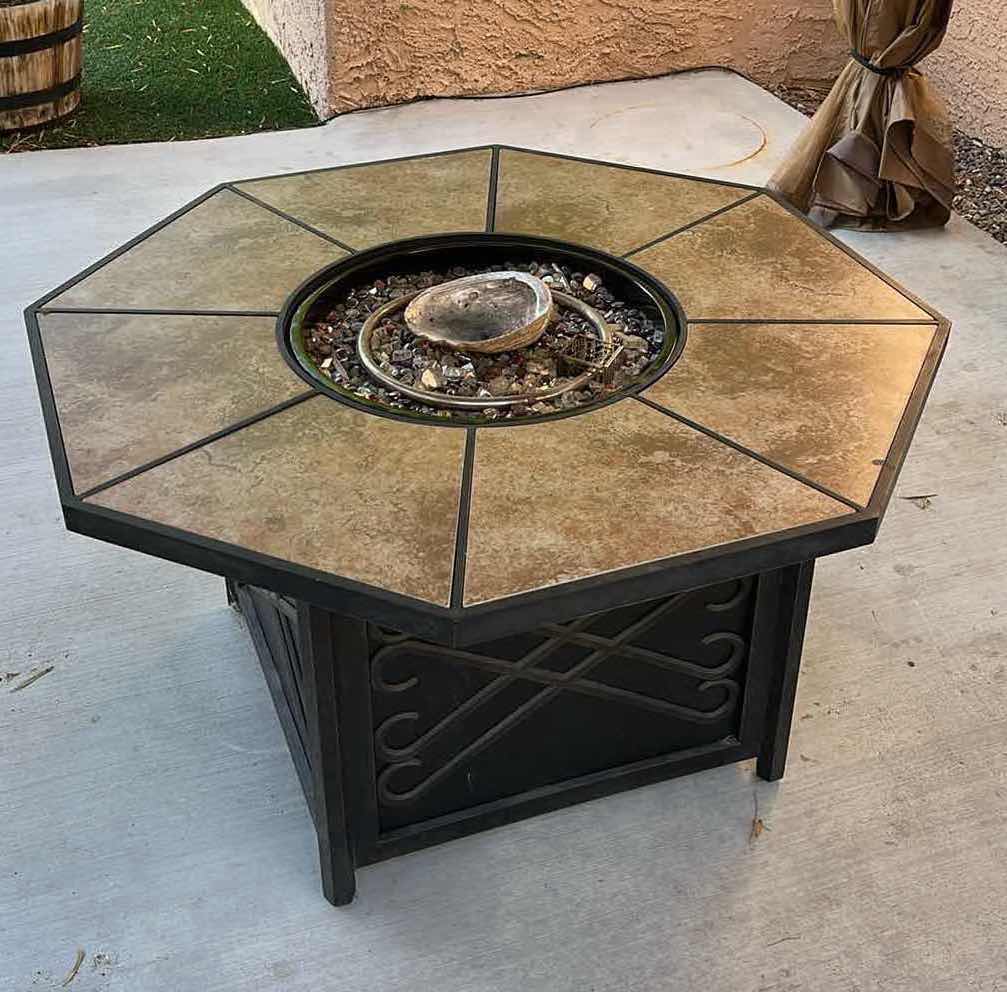 Photo 1 of FOREMOST VERANDA CLASSICS HARMONY OCTAGON TILED PROPANE GAS FIRE PIT MODEL 545GFP W BLUE RHINO 15LB PROPANE TANK 48” X 48” H26” (READ NOTES)