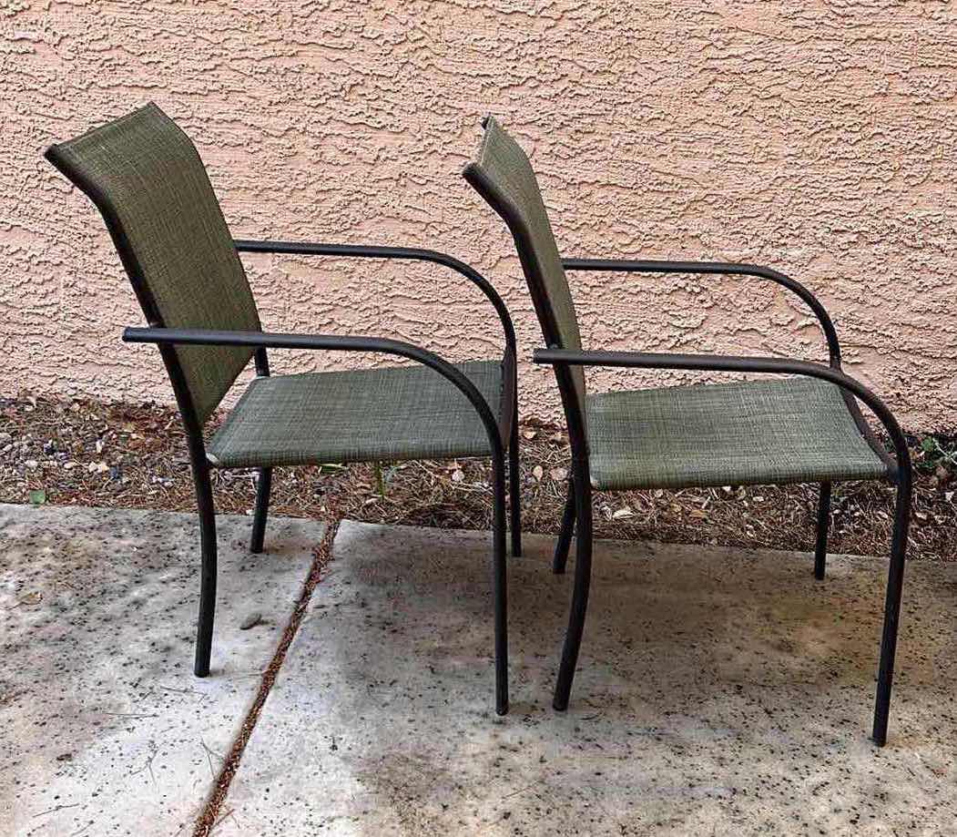 Photo 2 of FOREST GREEN SLING AGED BRONZE METAL FRAMED PATIO CHAIRS (2) 22” X 25” H34”