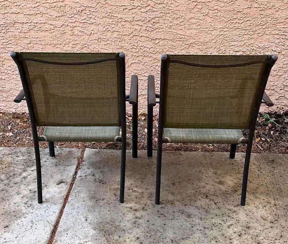 Photo 3 of FOREST GREEN SLING AGED BRONZE METAL FRAMED PATIO CHAIRS (2) 22” X 25” H34”