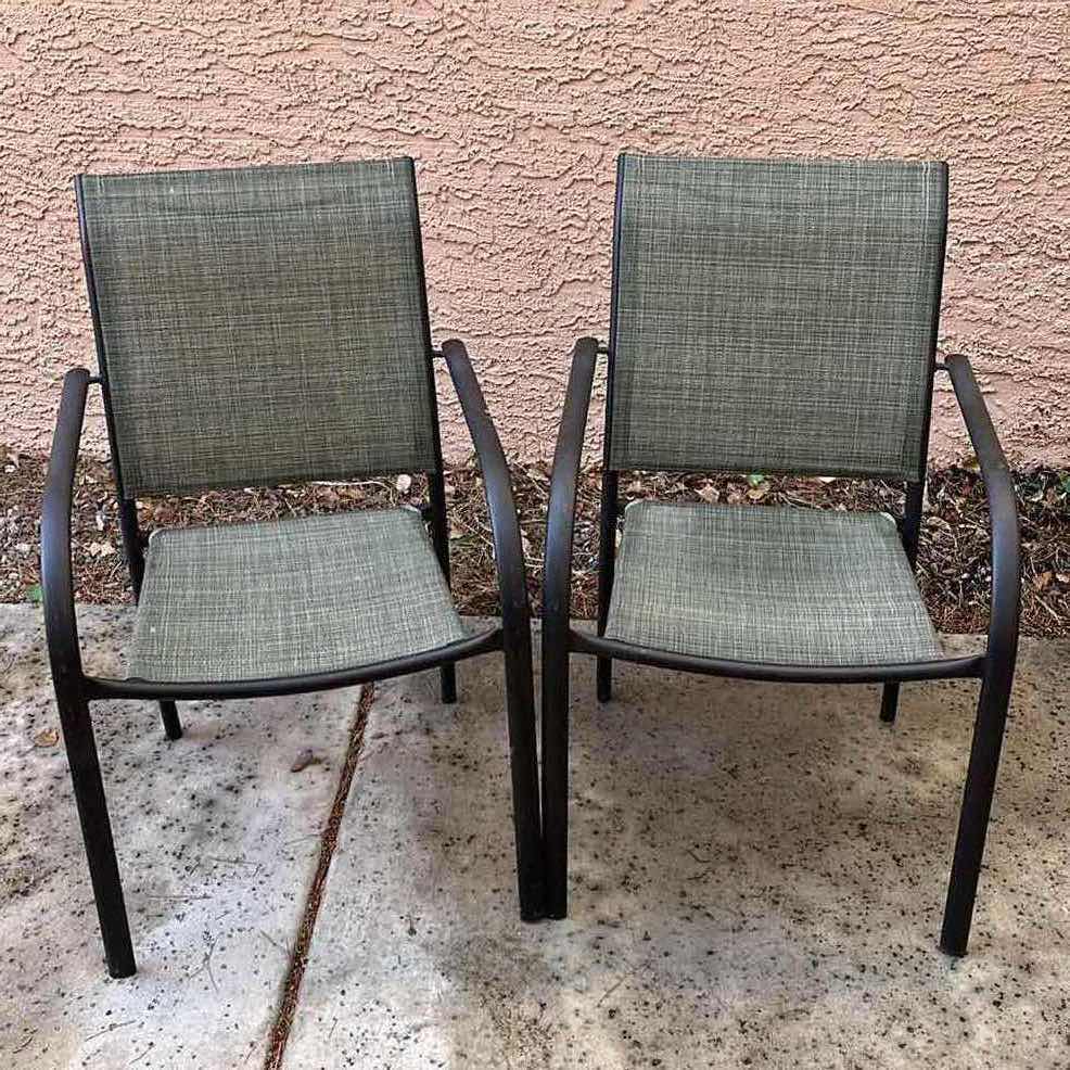 Photo 1 of FOREST GREEN SLING AGED BRONZE METAL FRAMED PATIO CHAIRS (2) 22” X 25” H34”