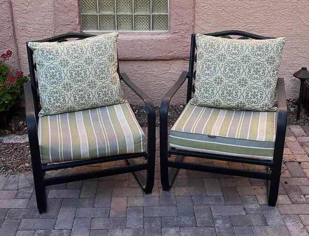 Photo 1 of VERANDA CLASSICS HARMONY BLACK METAL PATIO CHAIRS W BOSSIMA OUTDOOR CUSHIONS (2) 28.5” X 29” H36”