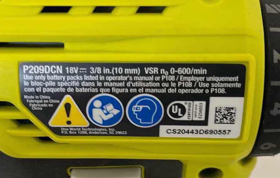 Photo 5 of RYOBI ONE PLUS LITHIUM 18V 1.5AH CORDLESS DRILL W BATTERY MODEL P209DCN