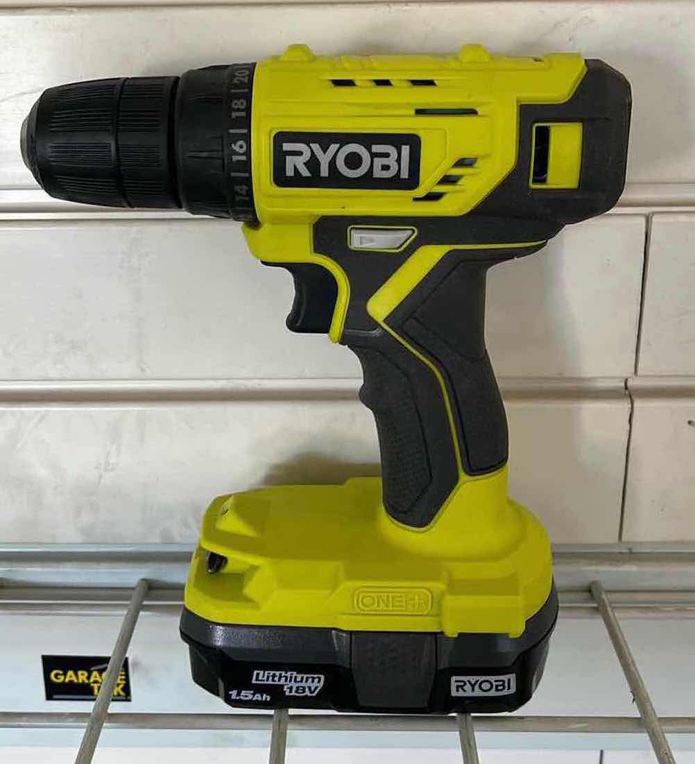 Photo 1 of RYOBI ONE PLUS LITHIUM 18V 1.5AH CORDLESS DRILL W BATTERY MODEL P209DCN