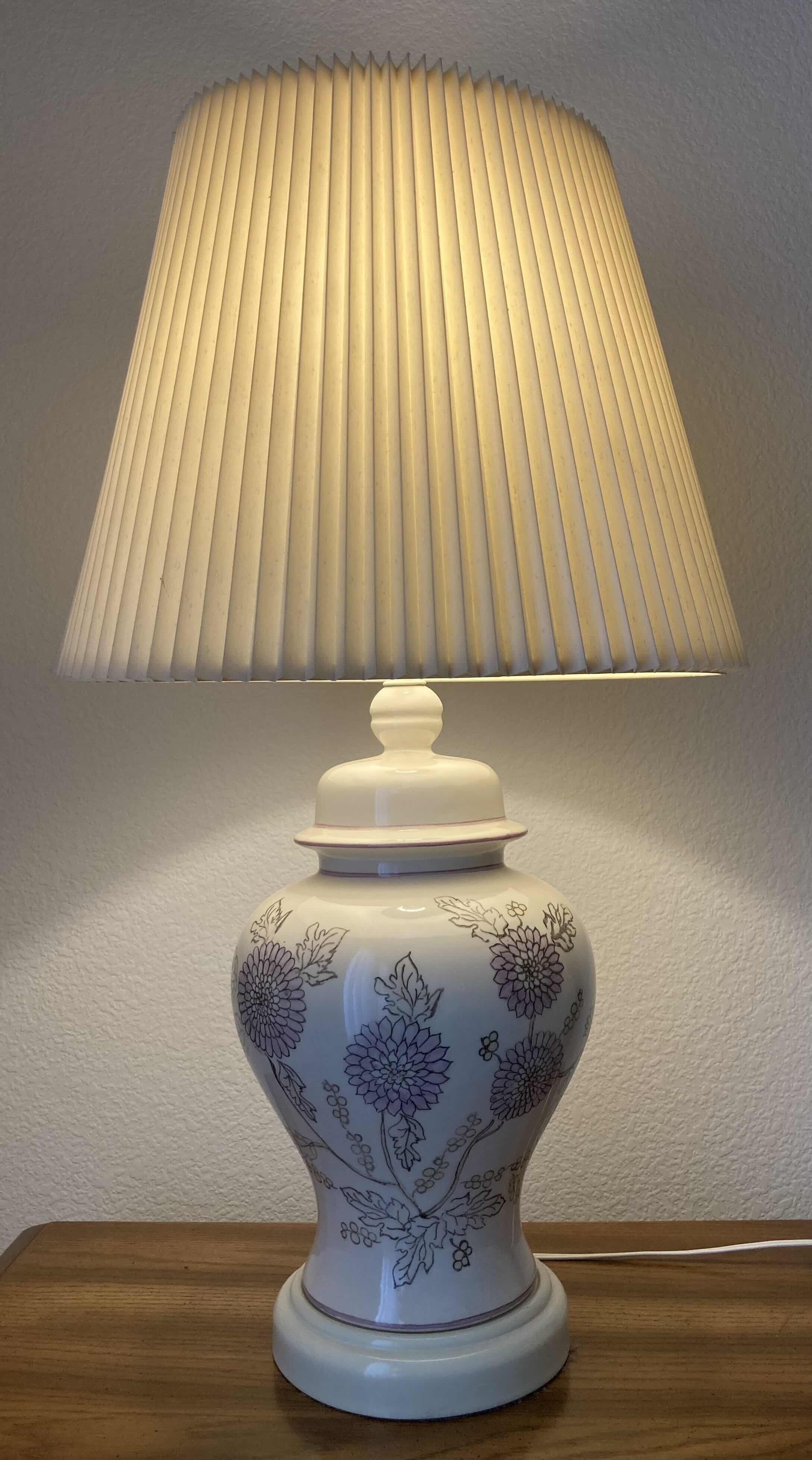 Photo 1 of PURPLE DAHLIA WHITE PORCELAIN TABLE LAMP H28.5”