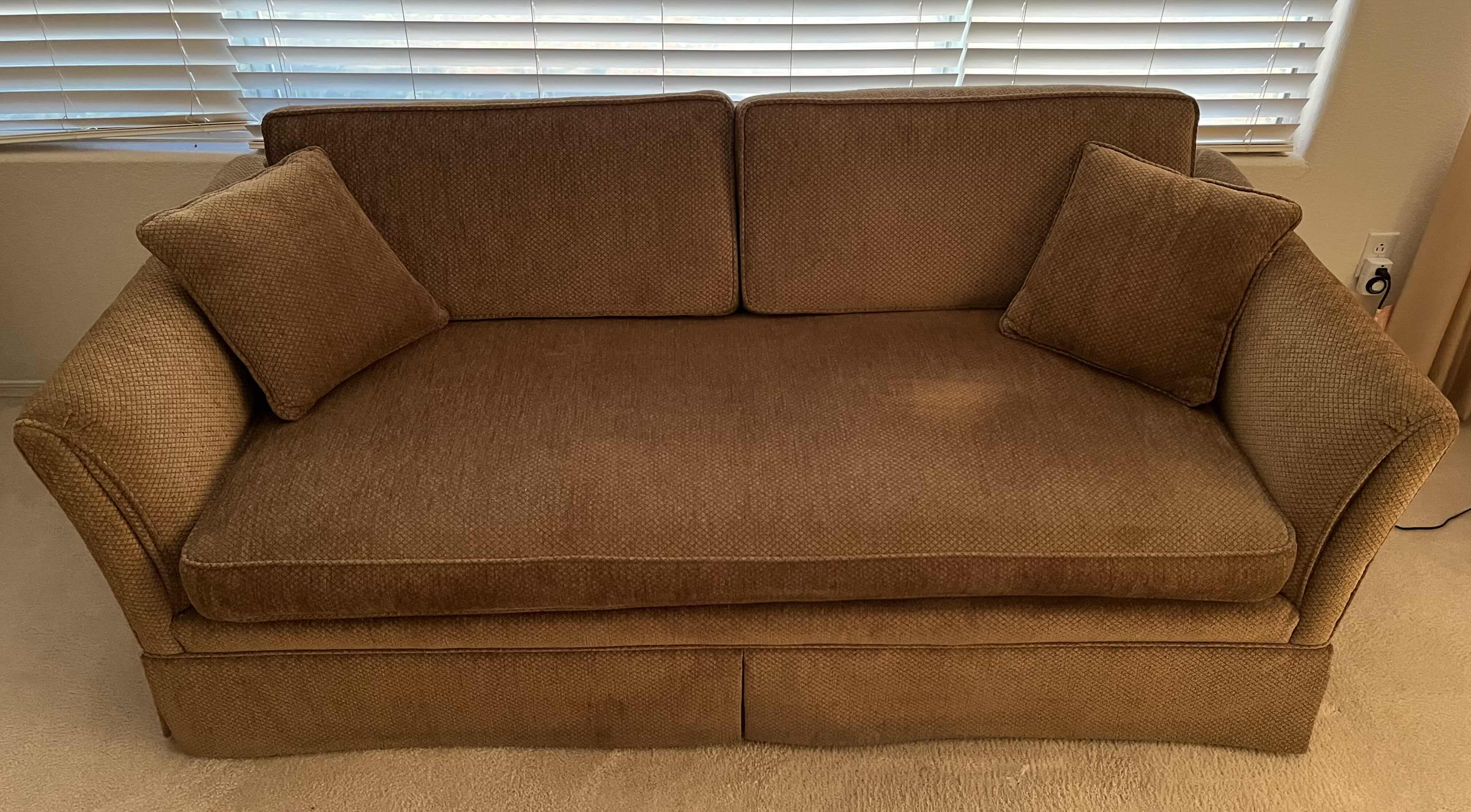 Photo 2 of CUSTOM REUPHOLSTERED BROWN GEOMETRIC FINISH SOFA W THROW PILLOWS 79” X 36” H33”