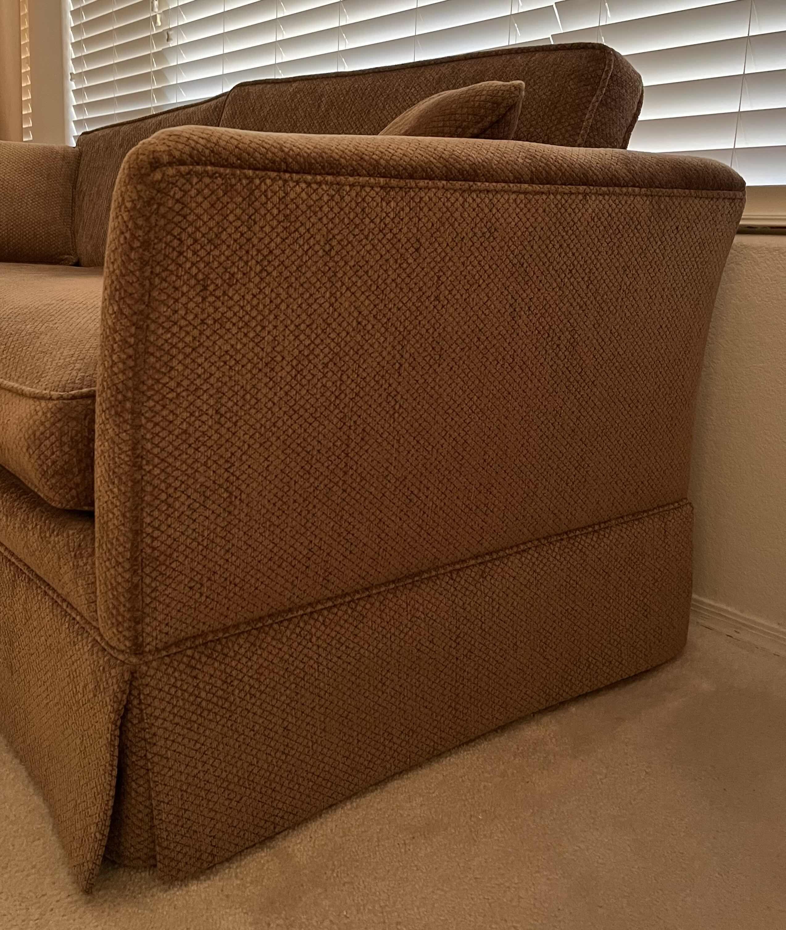 Photo 3 of CUSTOM REUPHOLSTERED BROWN GEOMETRIC FINISH SOFA W THROW PILLOWS 79” X 36” H33”