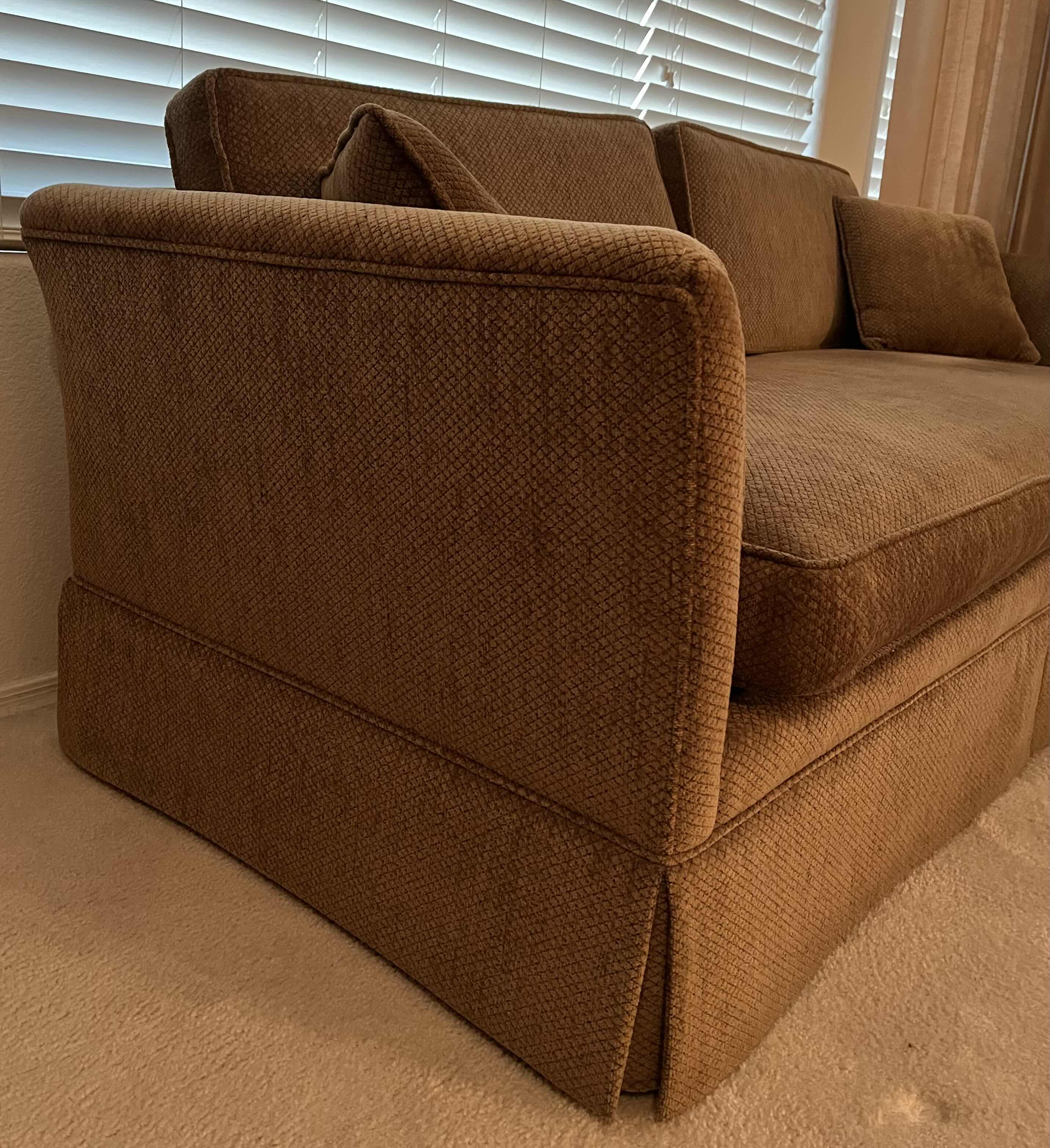 Photo 4 of CUSTOM REUPHOLSTERED BROWN GEOMETRIC FINISH SOFA W THROW PILLOWS 79” X 36” H33”