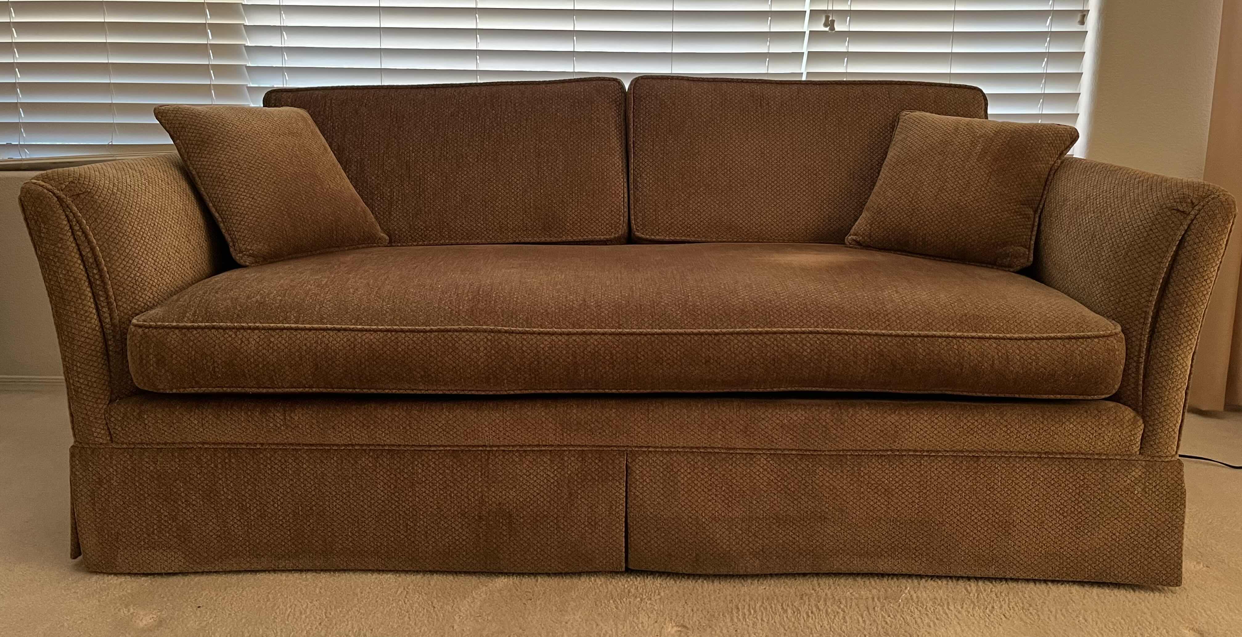 Photo 1 of CUSTOM REUPHOLSTERED BROWN GEOMETRIC FINISH SOFA W THROW PILLOWS 79” X 36” H33”