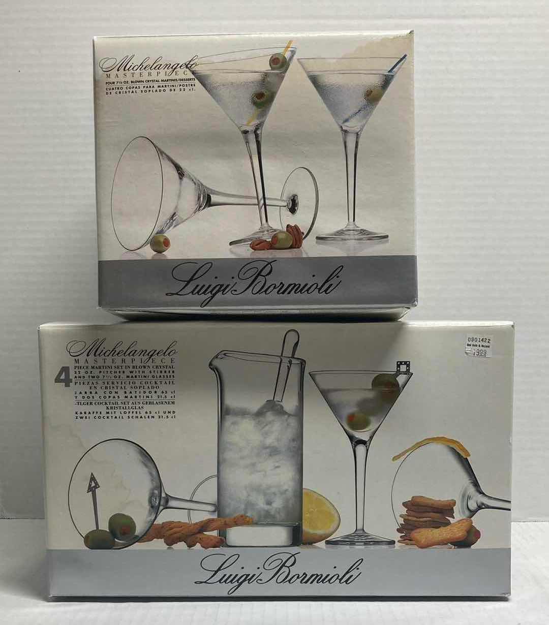 Photo 1 of MICHELANGELO MASTERPIECE LUIGI BORMIOLI BLOWN CRYSTAL MARTINI GLASSES & PITCHER W STIRRER