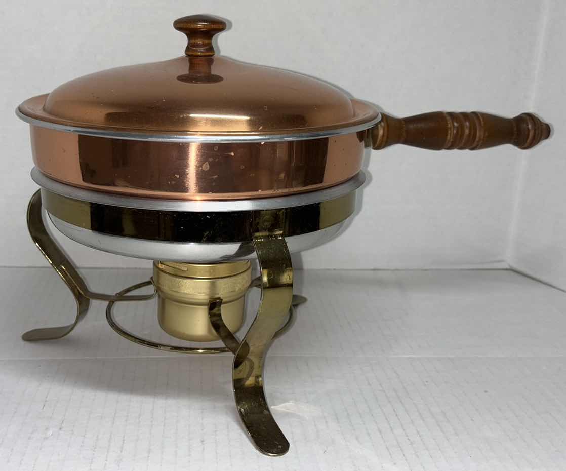 Photo 1 of VINTAGE COPPER CHAFING DISH HEATED BY CANNED HEAT (STERNO 2.7 OZ CAN)