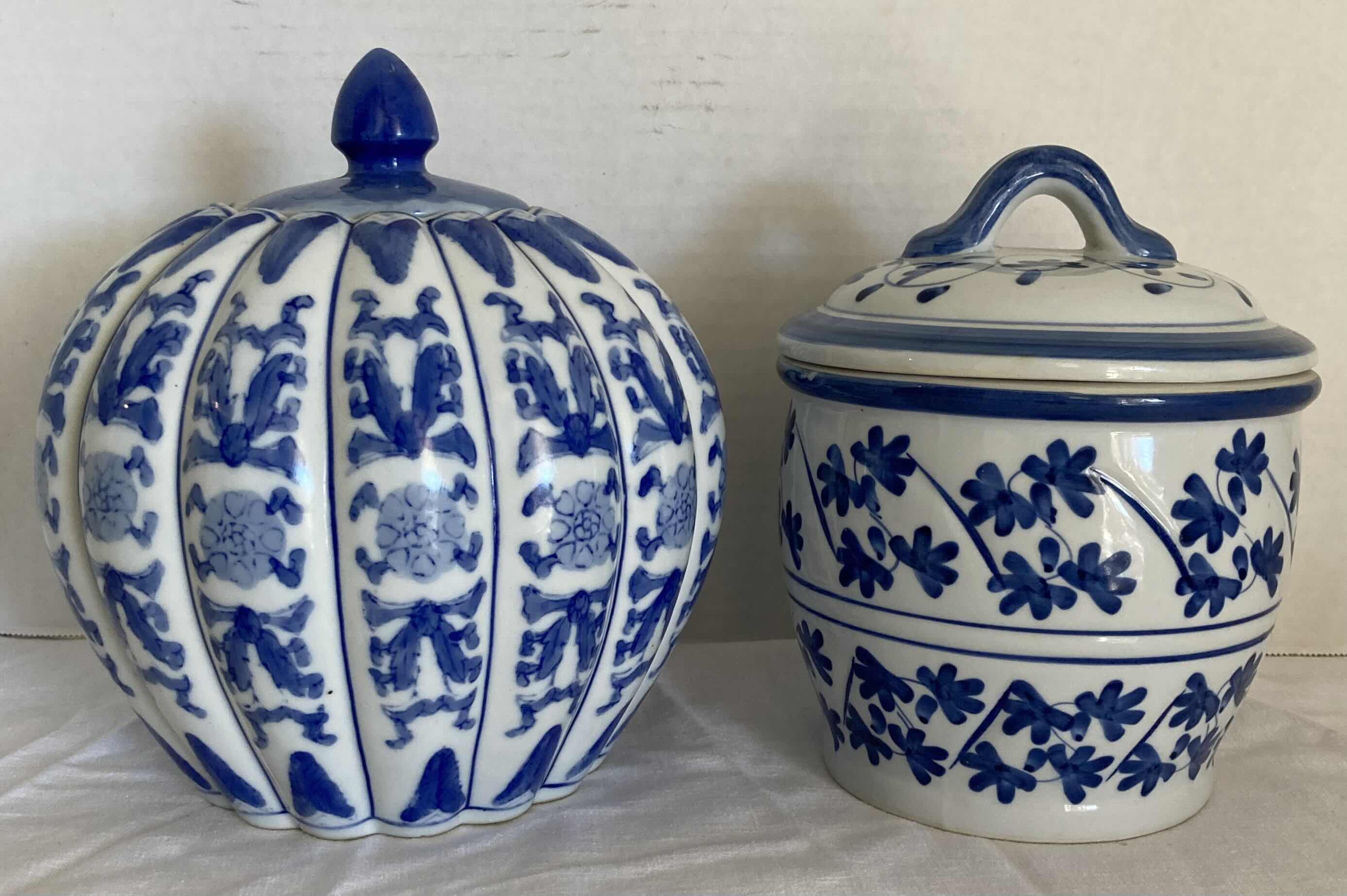 Photo 1 of BLUE & WHITE PORCELAIN CHINOISERIE CANISTER & PUMPKIN SHAPED GINGER JAR H8.5”