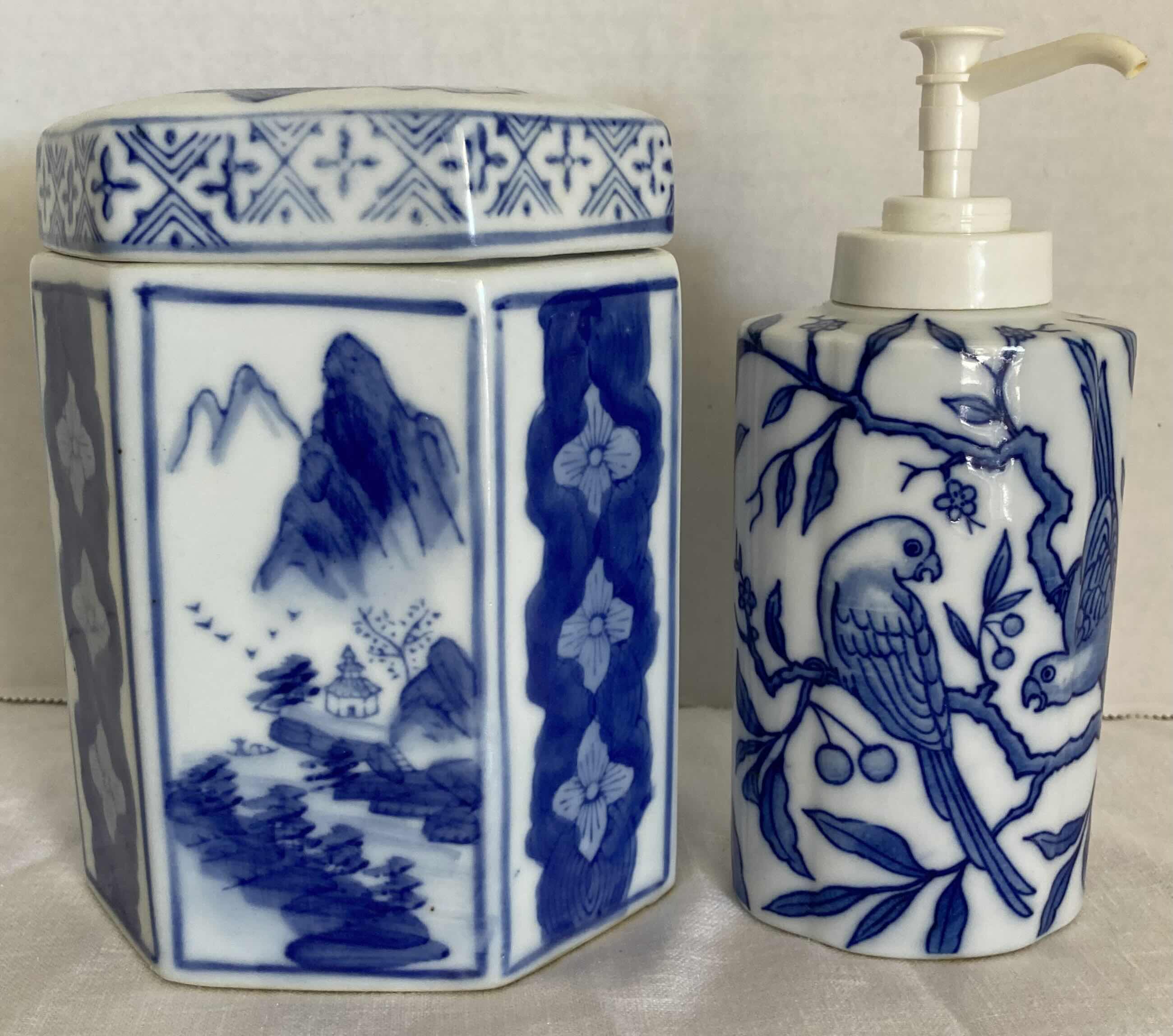 Photo 1 of PIER 1 IMPORTS WHITE & BLUE PORCELAIN PIERI BOX & SOAP DISPENSER H5.5”