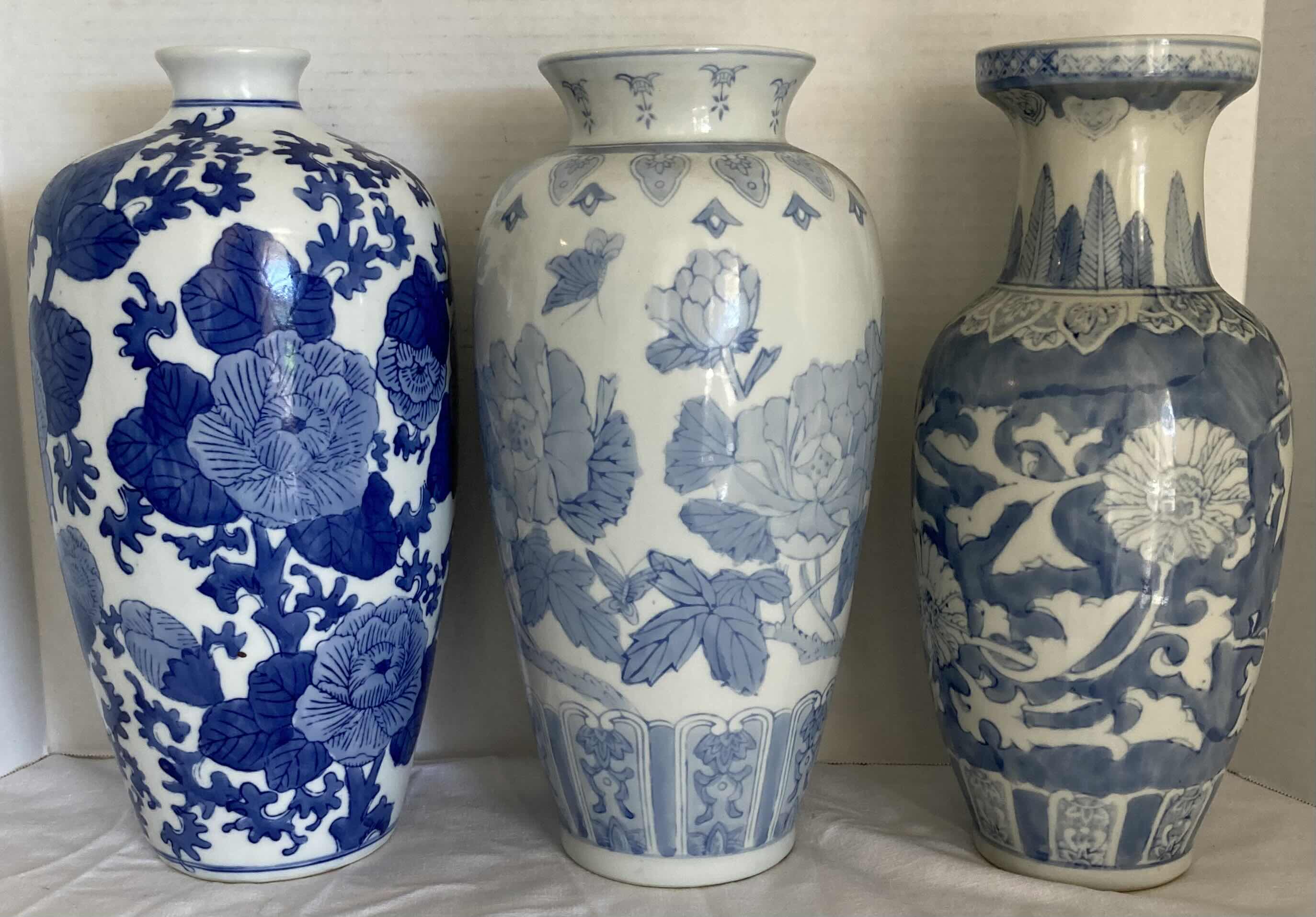 Photo 1 of BLUE & WHITE CHINESE PORCELAIN VASES (3) H14”