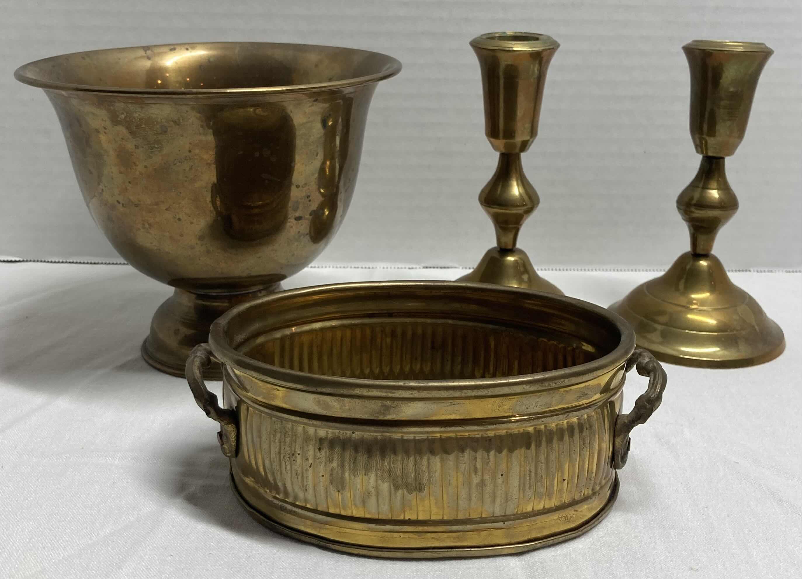 Photo 1 of BRASS FINISH DECORATIVE BOWL, CANDLESTICK HOLDERS & SOLID BRASS OVAL PLANTER