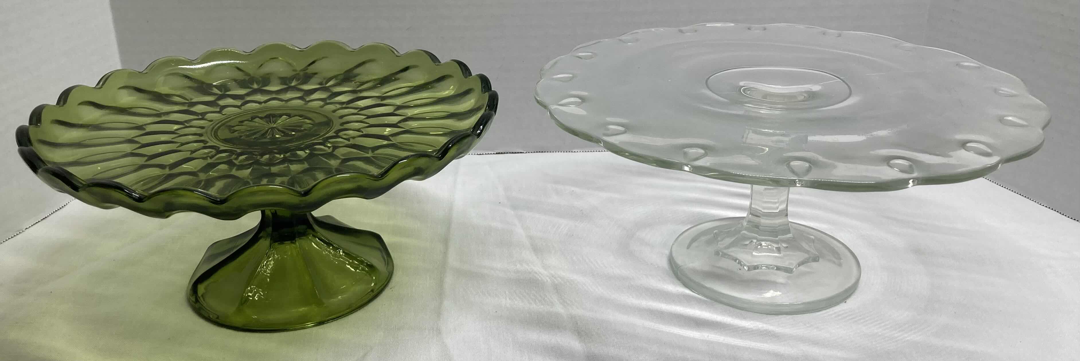 Photo 1 of GREEN & CLEAR GLASS PEDESTAL DISHES 10.5” X 10.5” H4.5”