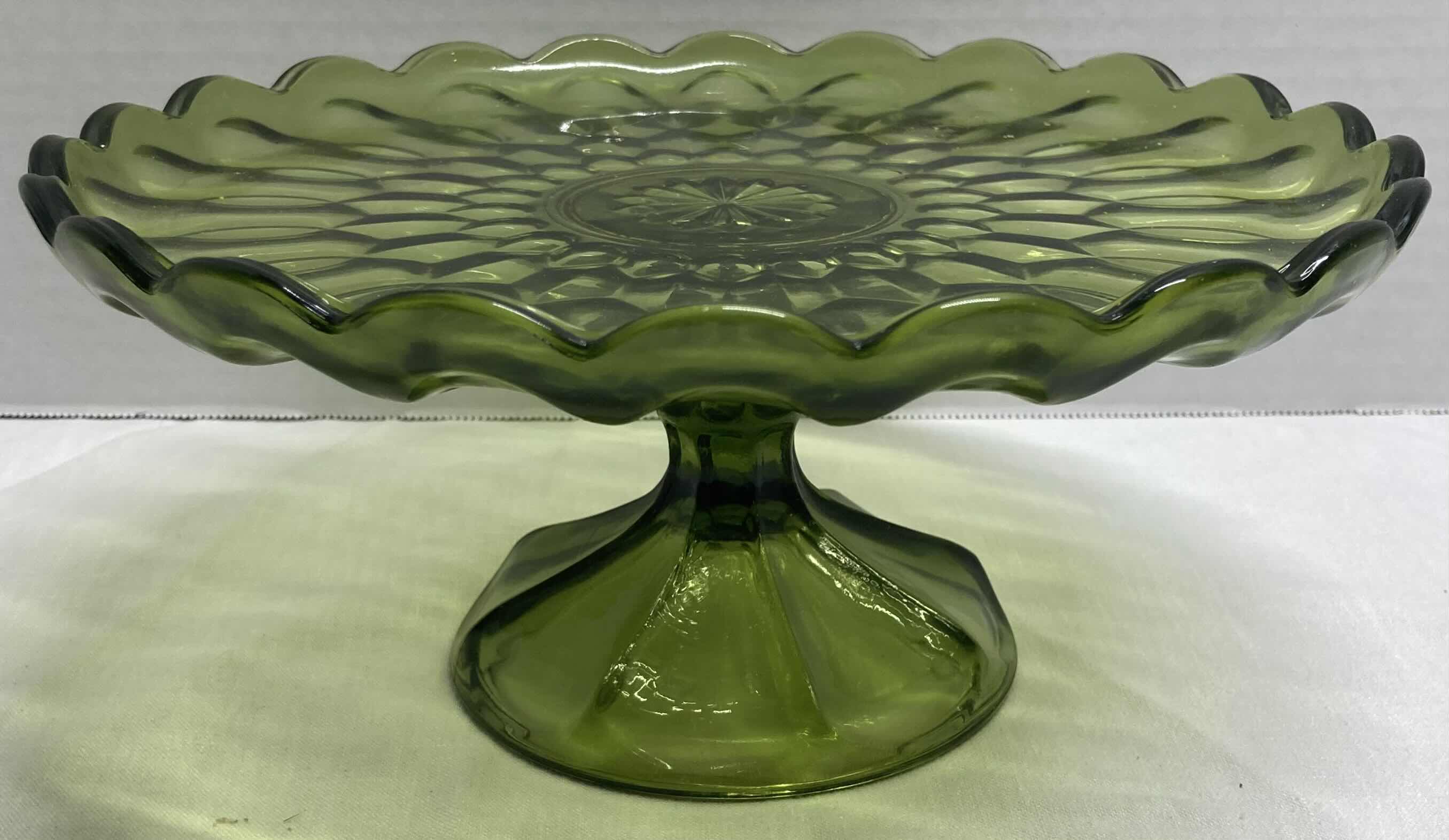 Photo 2 of GREEN & CLEAR GLASS PEDESTAL DISHES 10.5” X 10.5” H4.5”