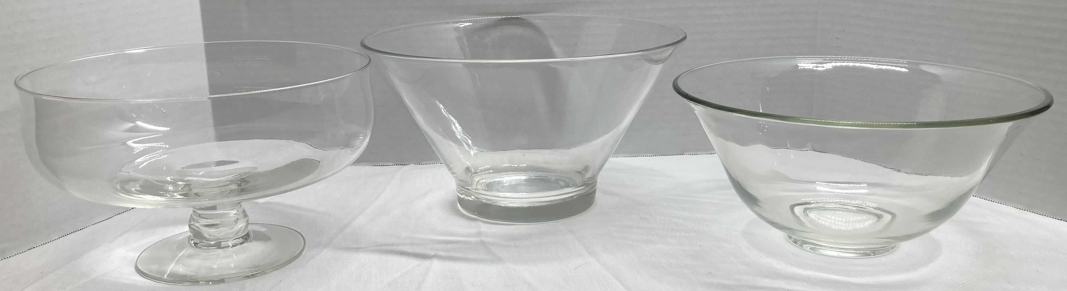 Photo 1 of CLEAR GLASS PEDESTAL BOWL & 2 SERVING BOWLS 10.5” X 10.5” H5”