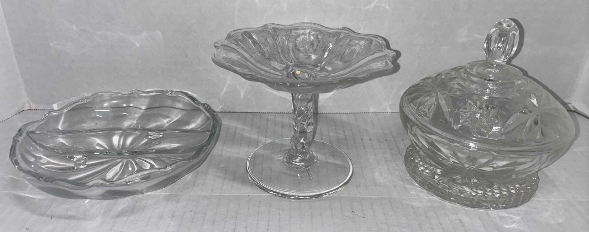 Photo 1 of ASSORTED CLEAR GLASS CANDY COMPOTE DISHES (5 PCS)