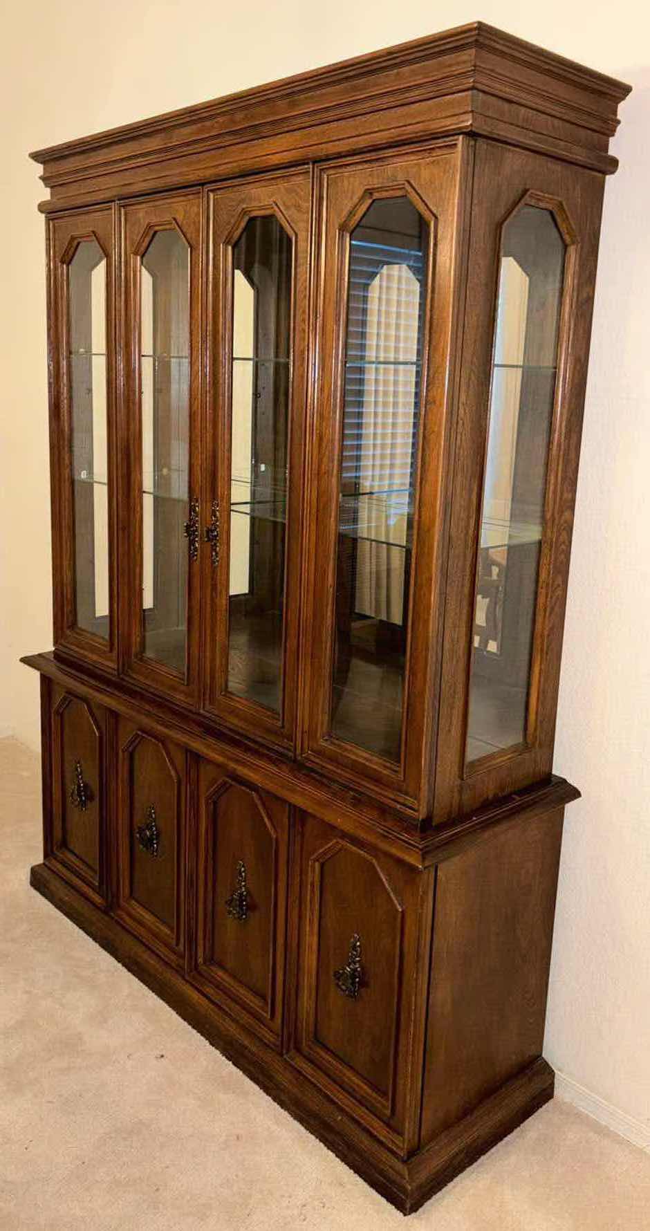 Photo 1 of VINTAGE 2 PC HUTCH CABINET W GLASS SHELVING & INTERIOR LIGHTING 18” X 56” H76”