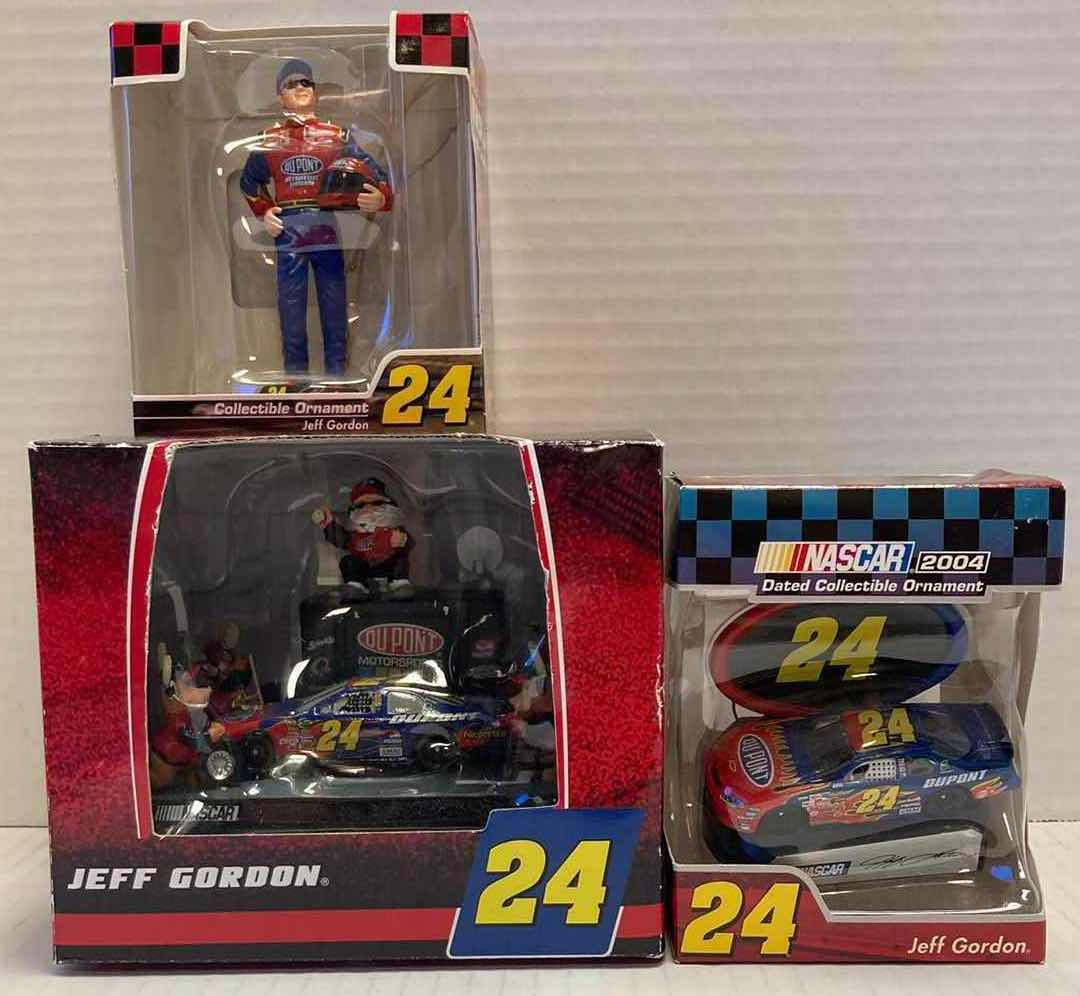 Photo 1 of NASCAR JEFF GORDON #24 COLLECTABLE PIT CREW CHRISTMAS THEMED TABLE TOP & 2 COLLECTABLE ORNAMENTS