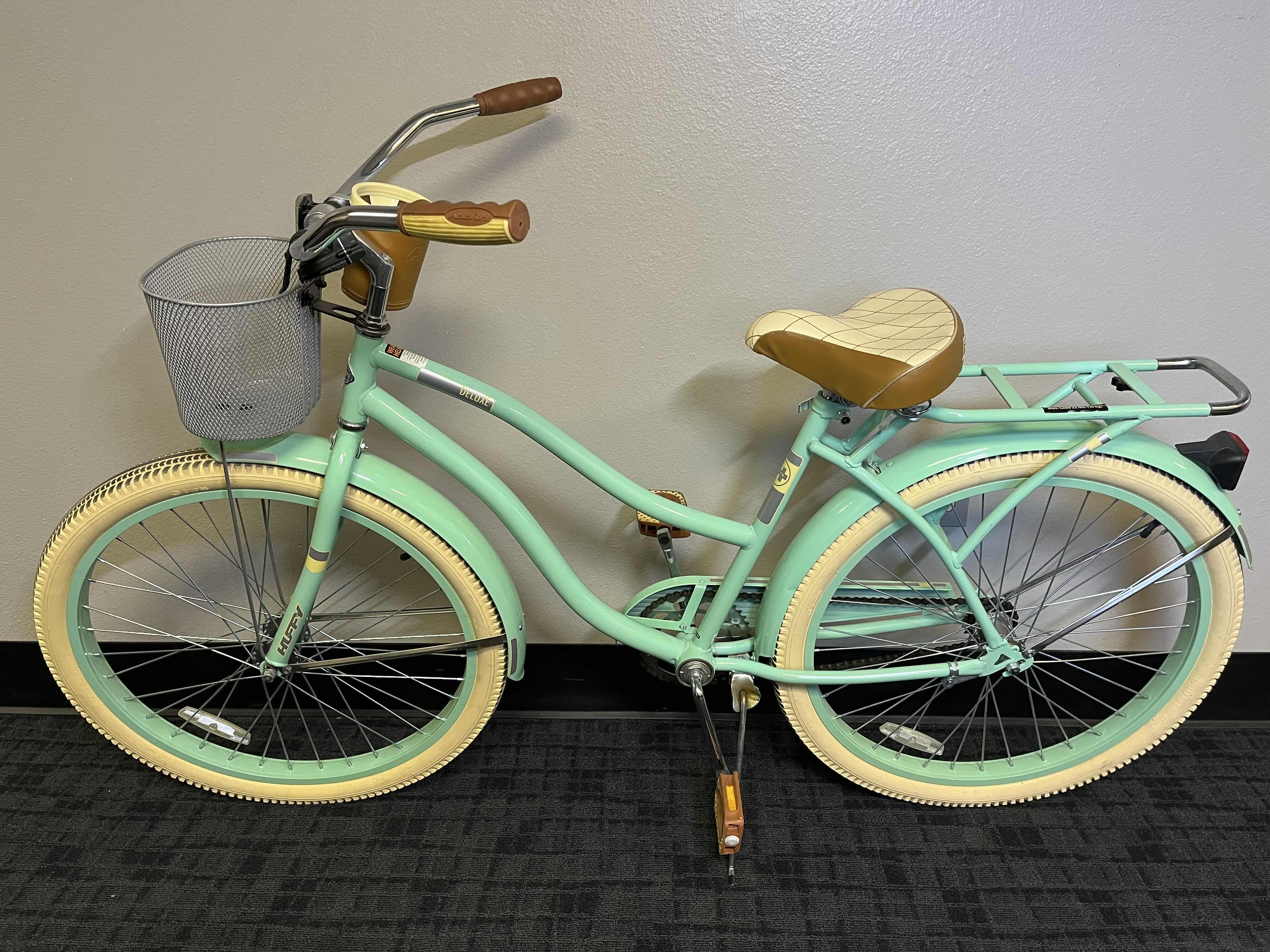 Photo 2 of HUFFY DELUXE 26” TEAL & CREAM FINISH BEACH CRUISER BICYCLE W METAL BASKET & CUP HOLDER MODEL