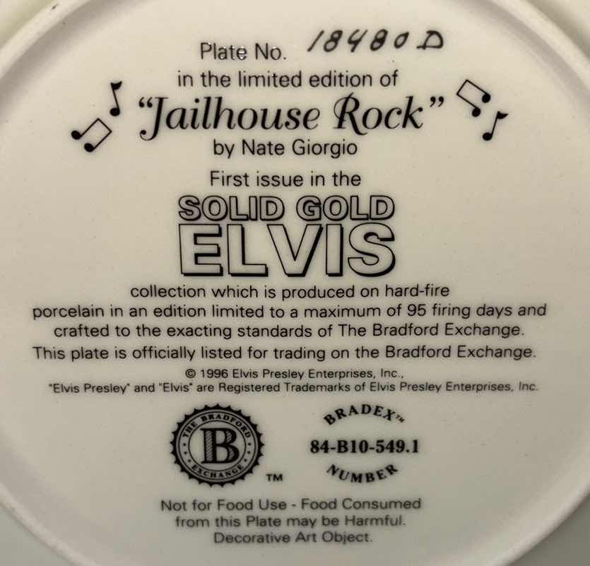 Photo 3 of ELVIS PRESLEY 1996 THE BRADFORD EXCHANGE 8.25” COLLECTIBLE PLATE “JAILHOUSE ROCK” FIRST ISSUE IN THE SOLID GOLD ELVIS COLLECTION (PLATE #18480D)